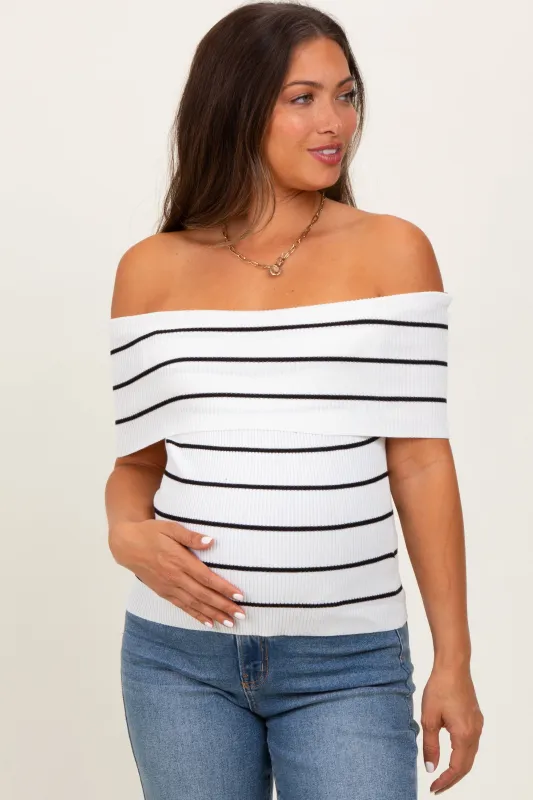 White Striped Off The Shoulder Sweater Maternity Top sold by Pinkblush