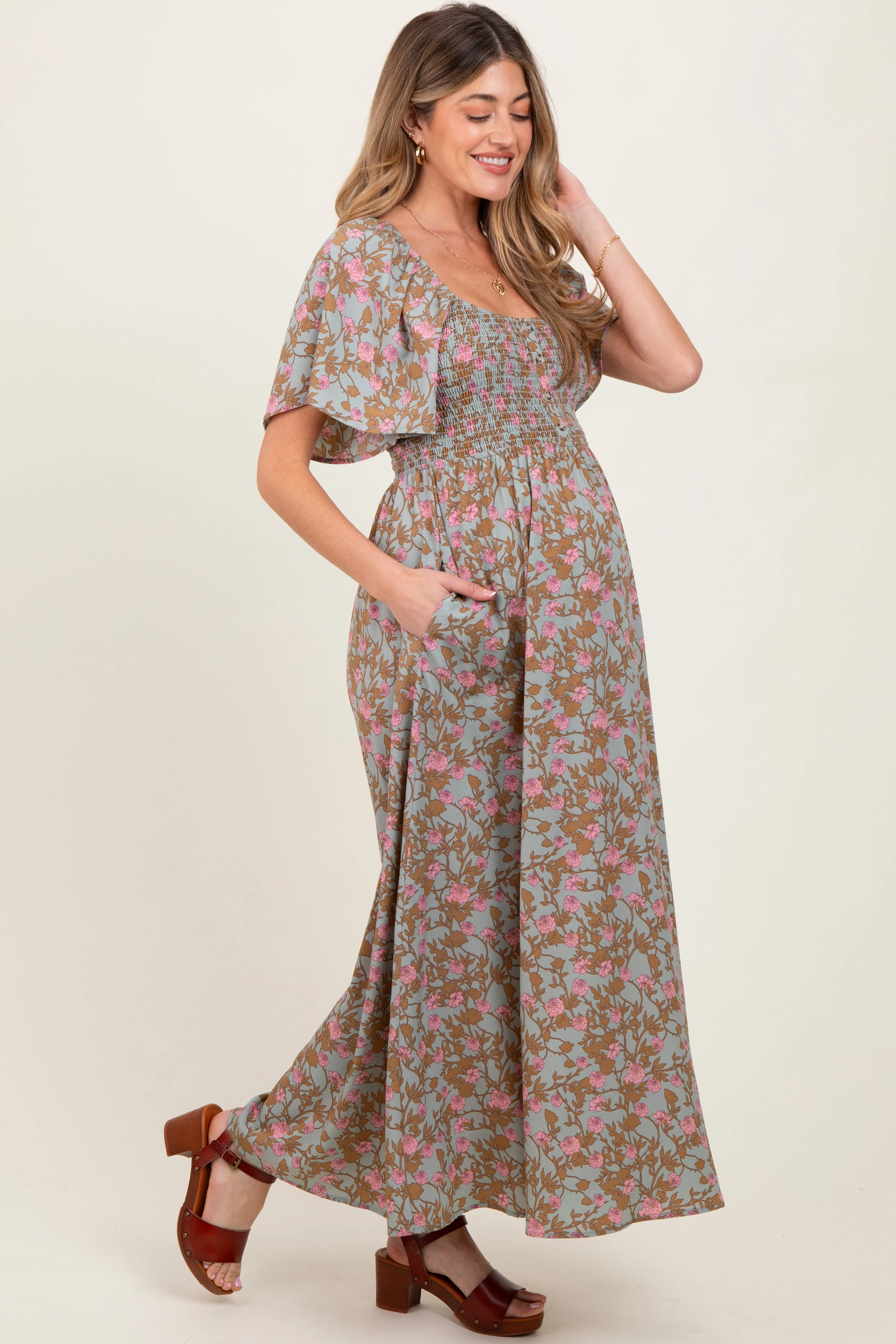 Blue Floral Smocked Flutter Sleeve Maternity Maxi Dress sold by Pinkblush product image thumbnail 2