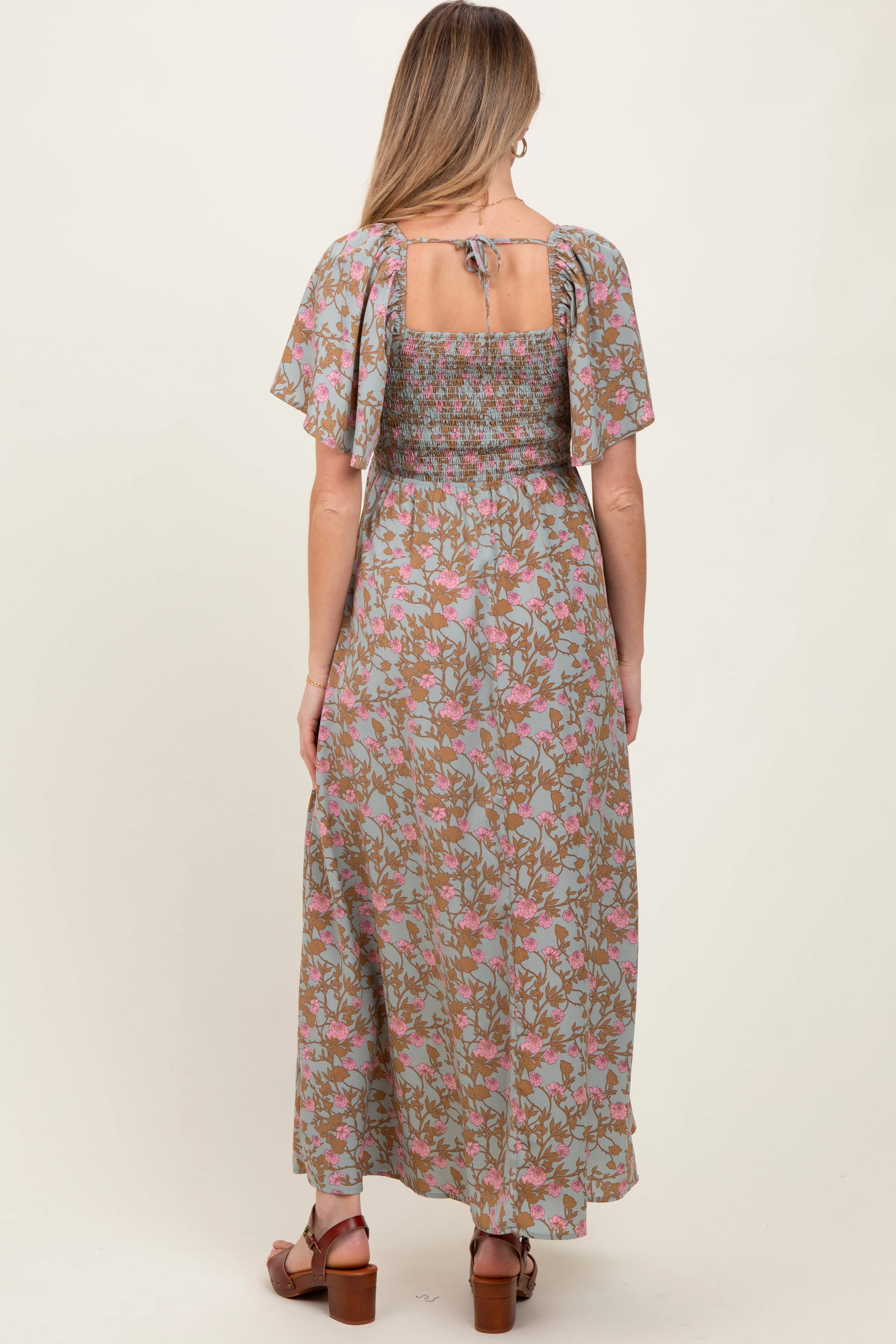 Blue Floral Smocked Flutter Sleeve Maternity Maxi Dress sold by Pinkblush product image thumbnail 3