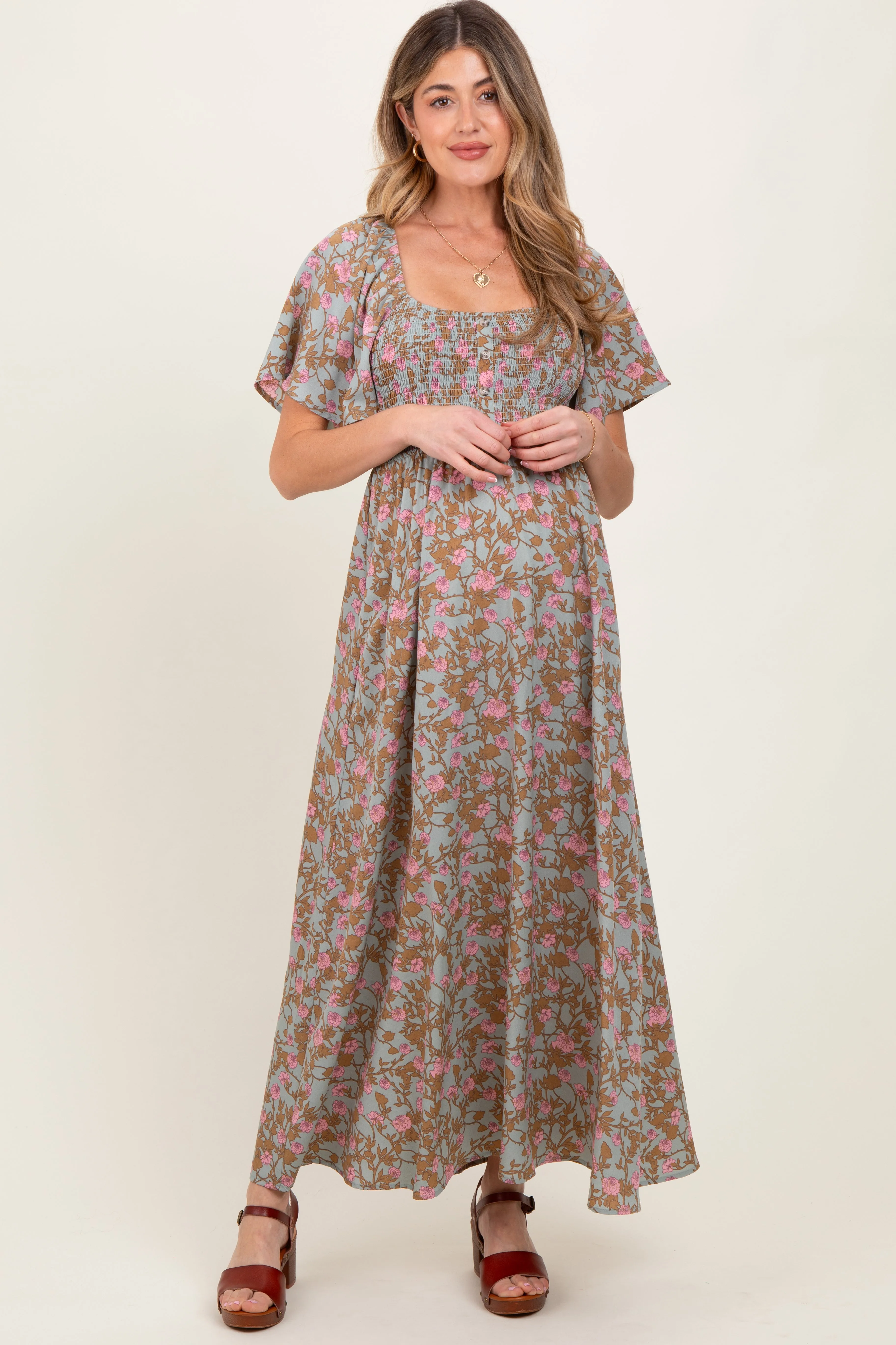 Blue Floral Smocked Flutter Sleeve Maternity Maxi Dress sold by Pinkblush