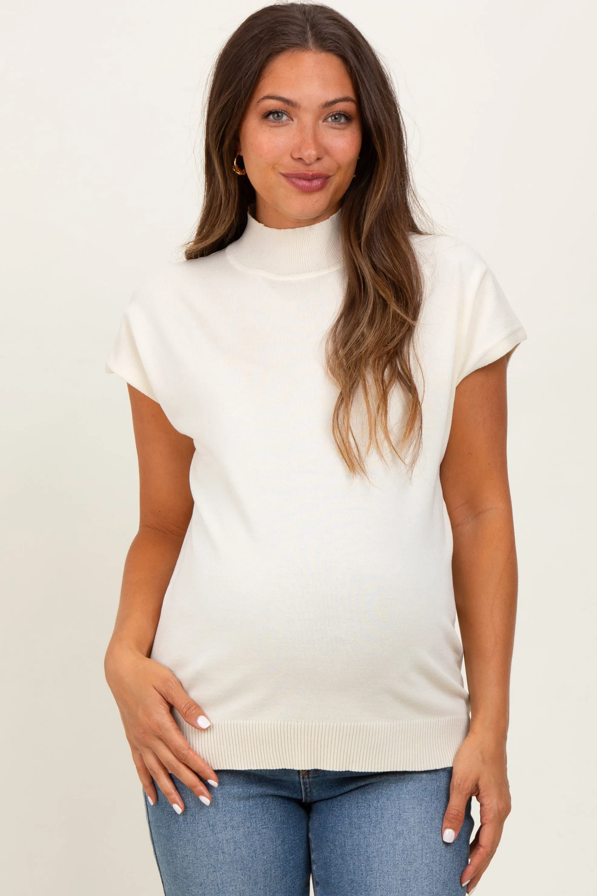 Cream Mock Neck Knit Maternity Top sold by Pinkblush