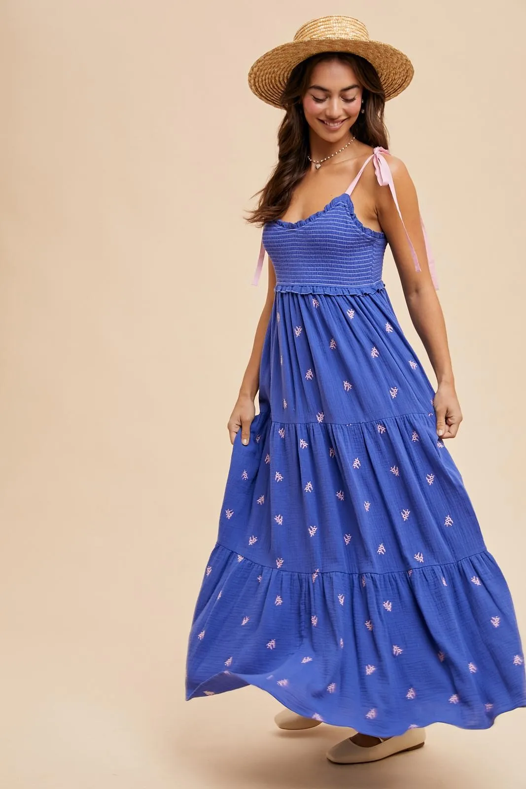 Royal Blue Embroidered Smocked Shoulder Tie Maxi Dress sold by Pinkblush product image thumbnail 4