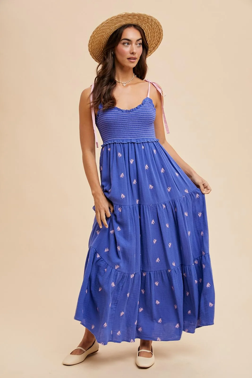 Royal Blue Embroidered Smocked Shoulder Tie Maxi Dress sold by Pinkblush