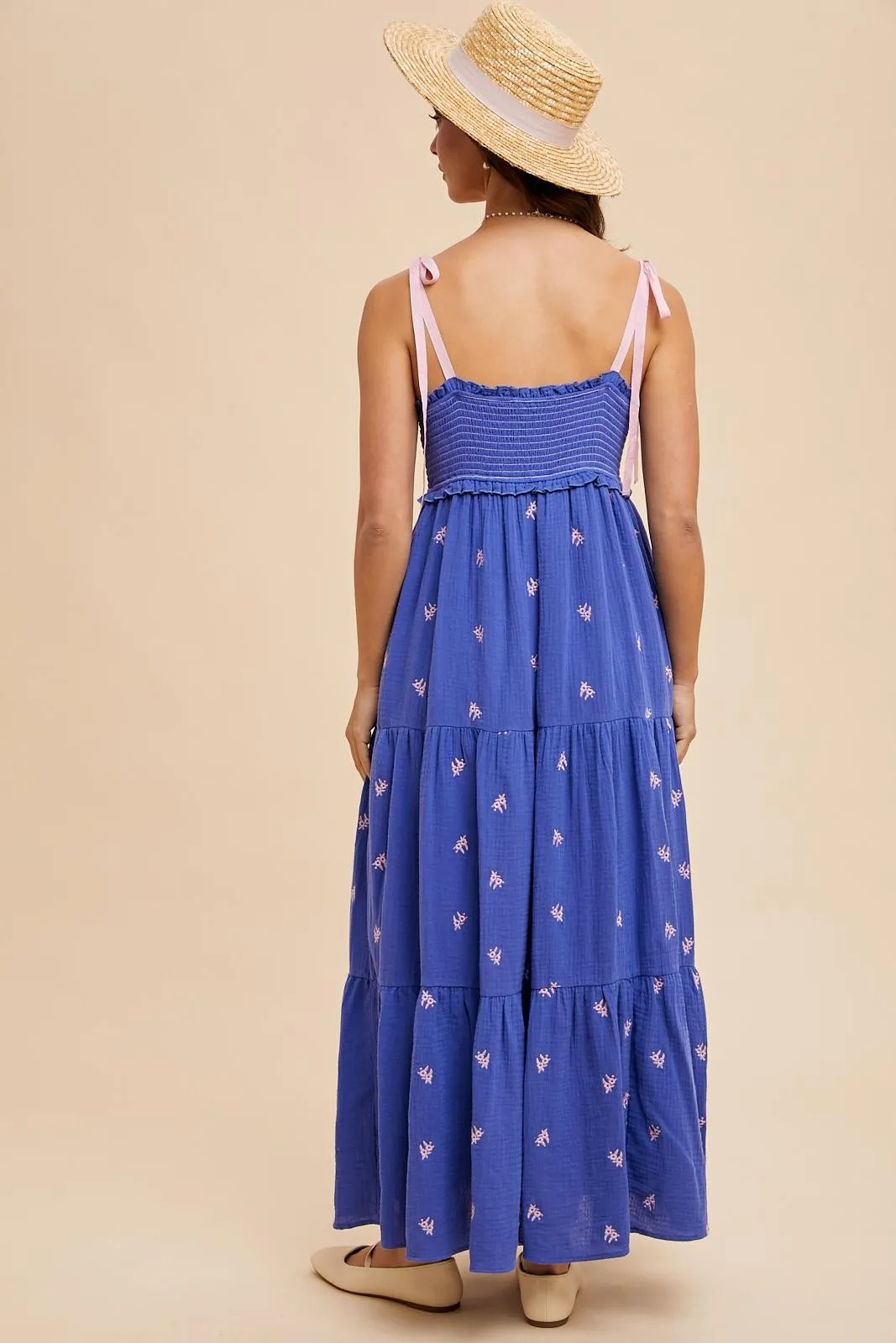 Royal Blue Embroidered Smocked Shoulder Tie Maxi Dress sold by Pinkblush product image thumbnail 5