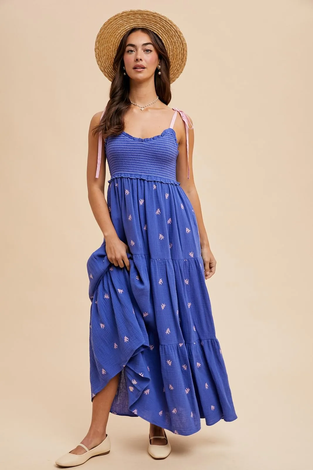 Royal Blue Embroidered Smocked Shoulder Tie Maxi Dress sold by Pinkblush product image thumbnail 2