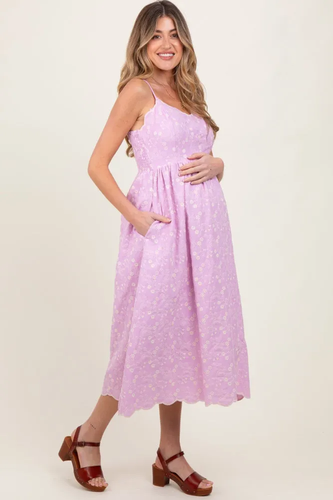Lavender Floral Embroidered Scallop Detail Maternity Midi Dress sold by Pinkblush product image thumbnail 3