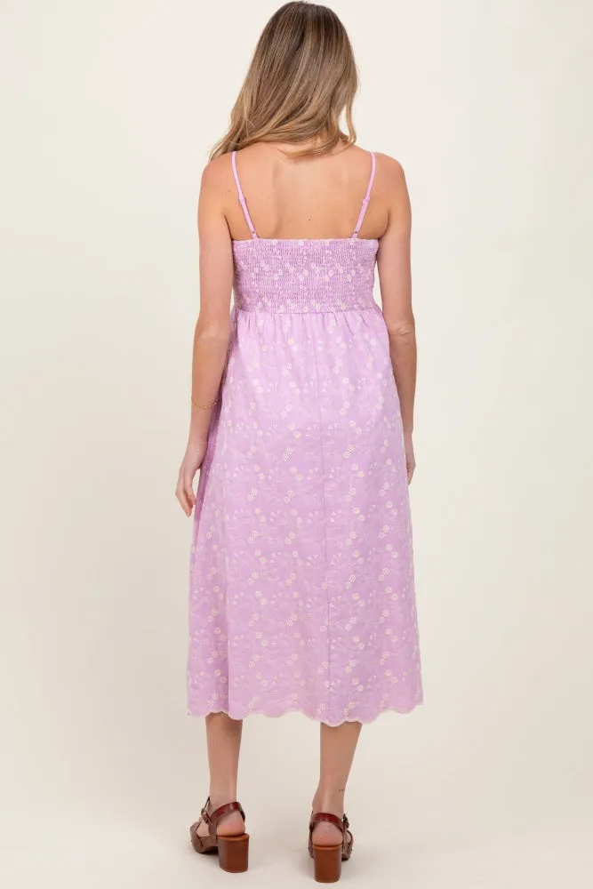 Lavender Floral Embroidered Scallop Detail Maternity Midi Dress sold by Pinkblush product image thumbnail 4