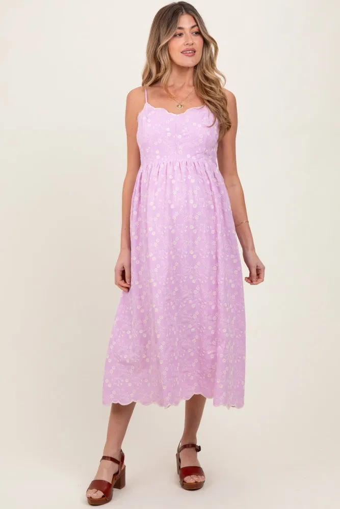 Lavender Floral Embroidered Scallop Detail Maternity Midi Dress sold by Pinkblush