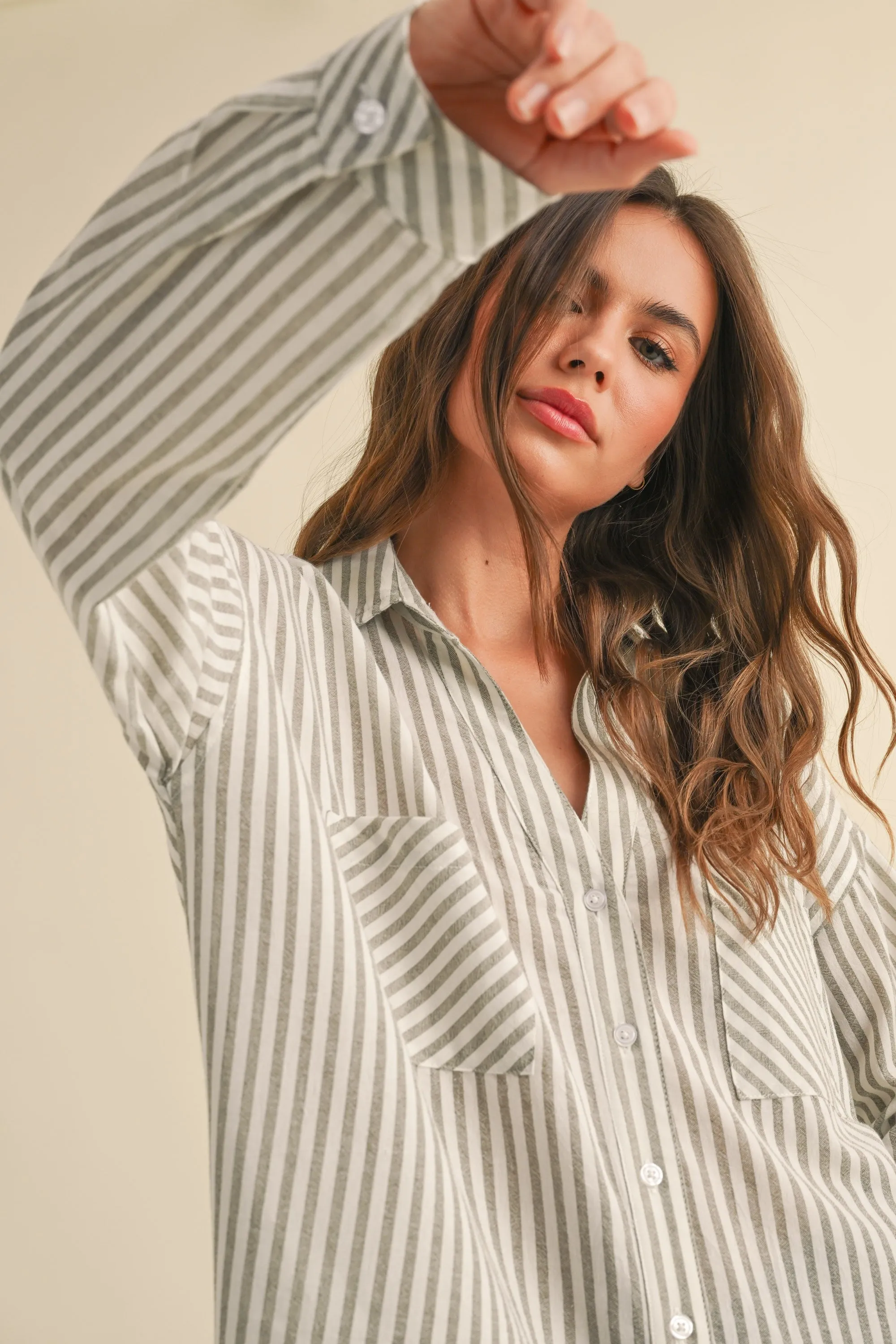 Olive Striped Double Pocket Button Down Top sold by Pinkblush product image thumbnail 5