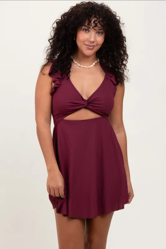 Burgundy Ribbed Ruffle Twist Front Swim Dress sold by Pinkblush