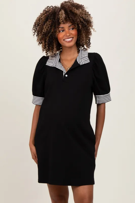 Black Mock Neck Contrast Striped Trim Maternity Mini Dress sold by Pinkblush