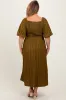 Olive Smocked V-Neck Short Puff Sleeve Textured Maternity Plus Midi Dress sold by Pinkblush