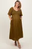 Olive Smocked V-Neck Short Puff Sleeve Textured Maternity Plus Midi Dress sold by Pinkblush