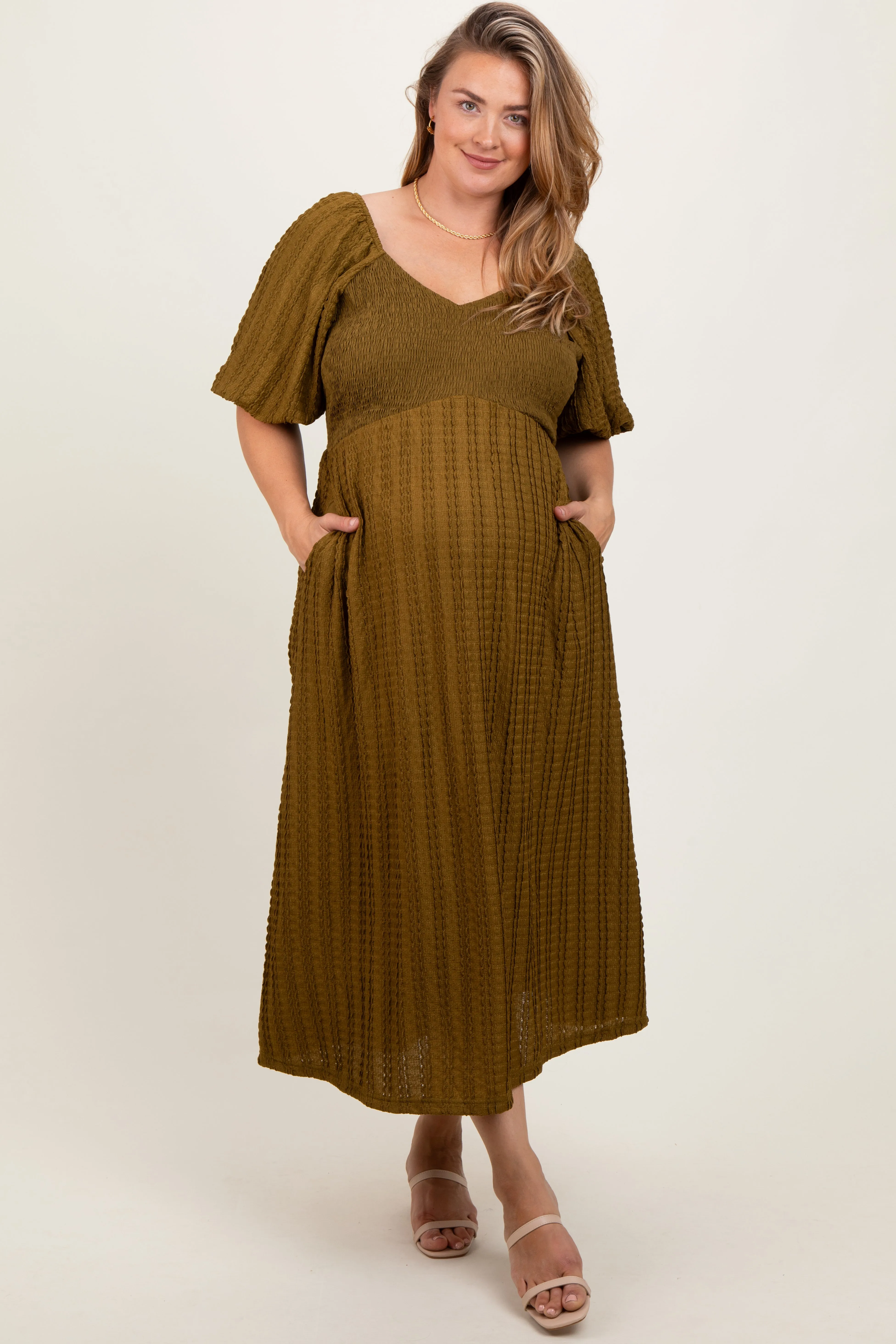 Olive Smocked V-Neck Short Puff Sleeve Textured Maternity Plus Midi Dress sold by Pinkblush product image thumbnail 2