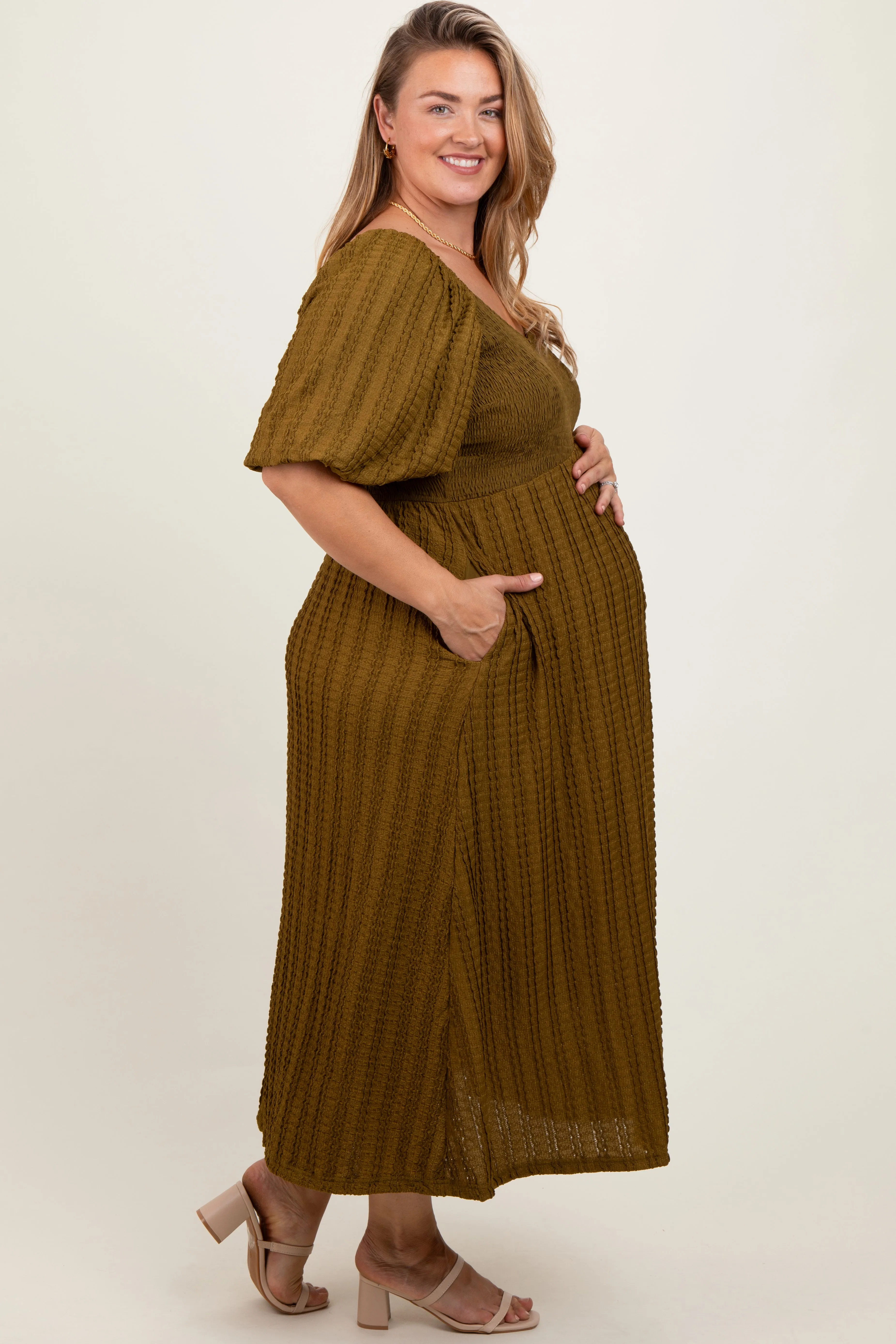Olive Smocked V-Neck Short Puff Sleeve Textured Maternity Plus Midi Dress sold by Pinkblush product image thumbnail 3