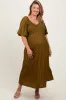Olive Smocked V-Neck Short Puff Sleeve Textured Maternity Plus Midi Dress sold by Pinkblush