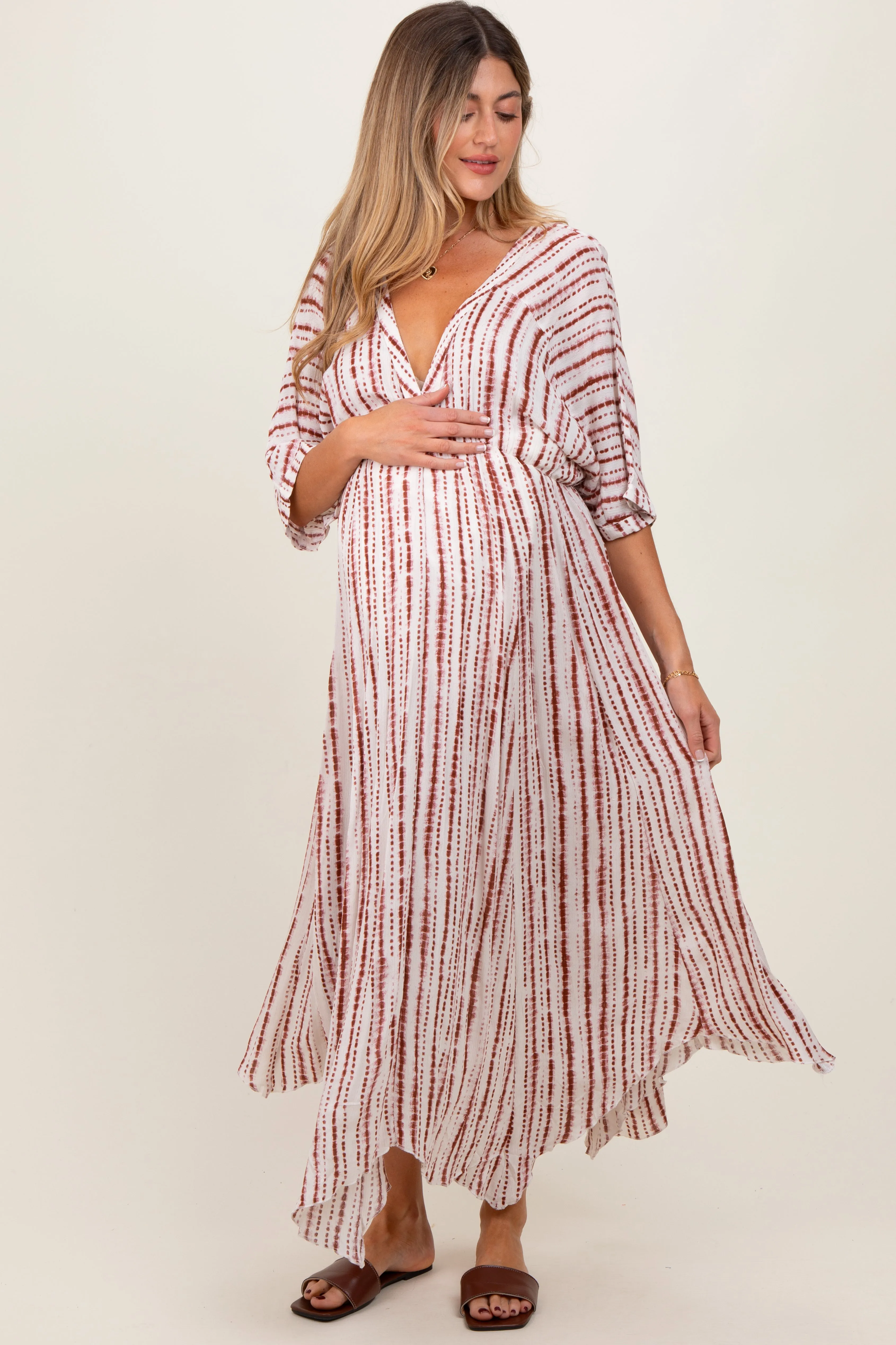 Rust Printed Deep V-Neck Maternity Midi Dress sold by Pinkblush product image thumbnail 2