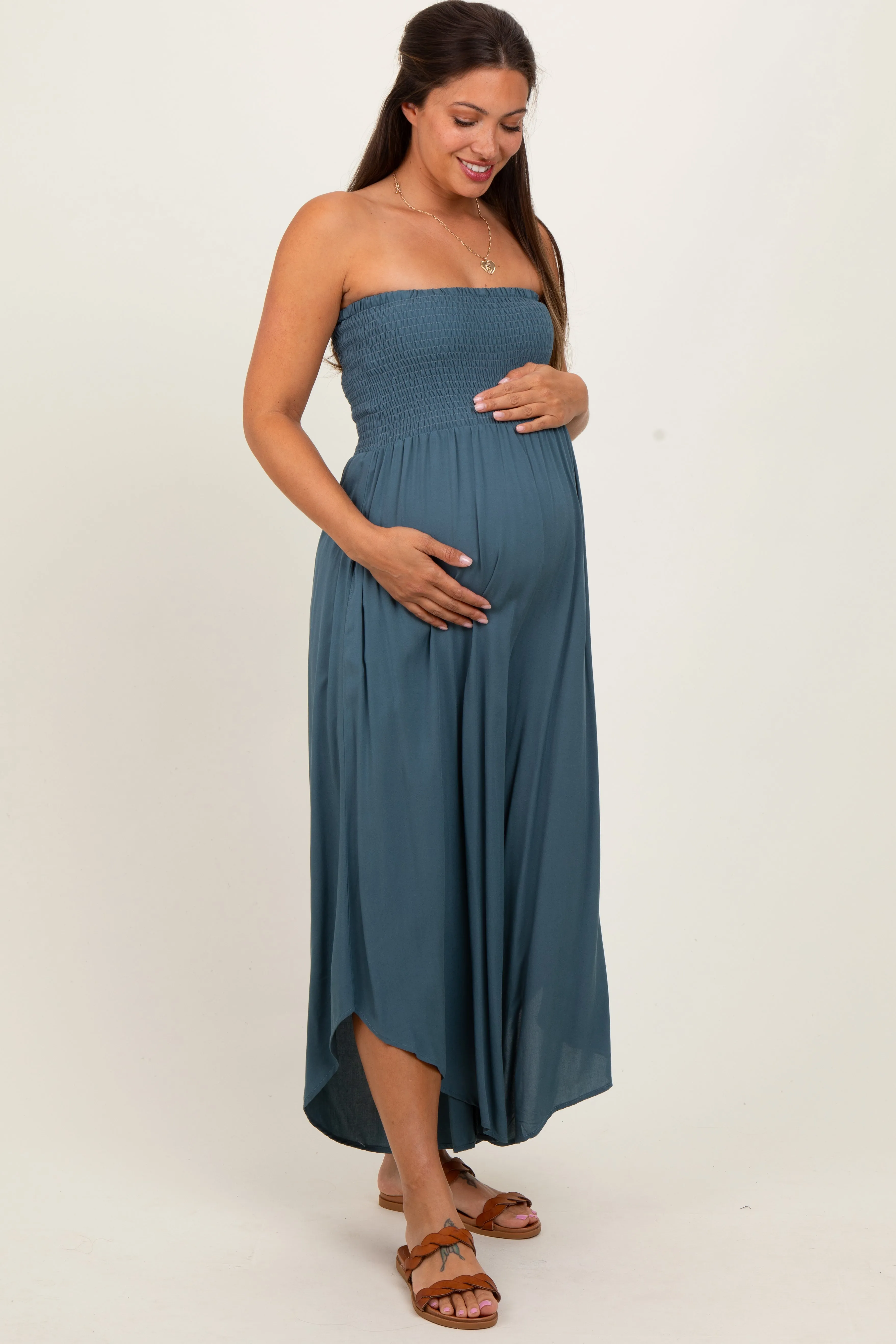 Dark Teal Strapless Smocked Tulip Leg Maternity Jumpsuit sold by Pinkblush product image thumbnail 3