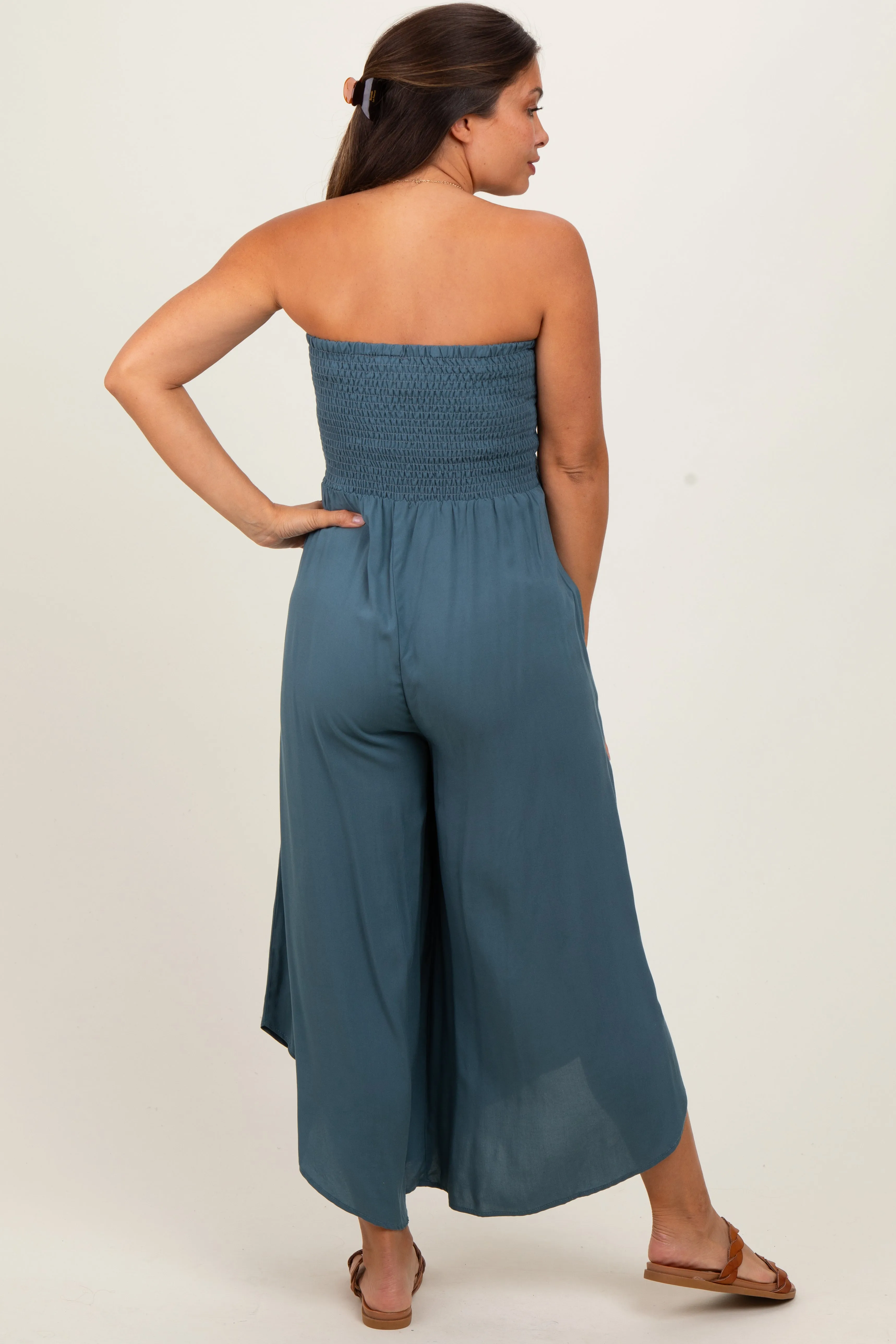 Dark Teal Strapless Smocked Tulip Leg Maternity Jumpsuit sold by Pinkblush product image thumbnail 4