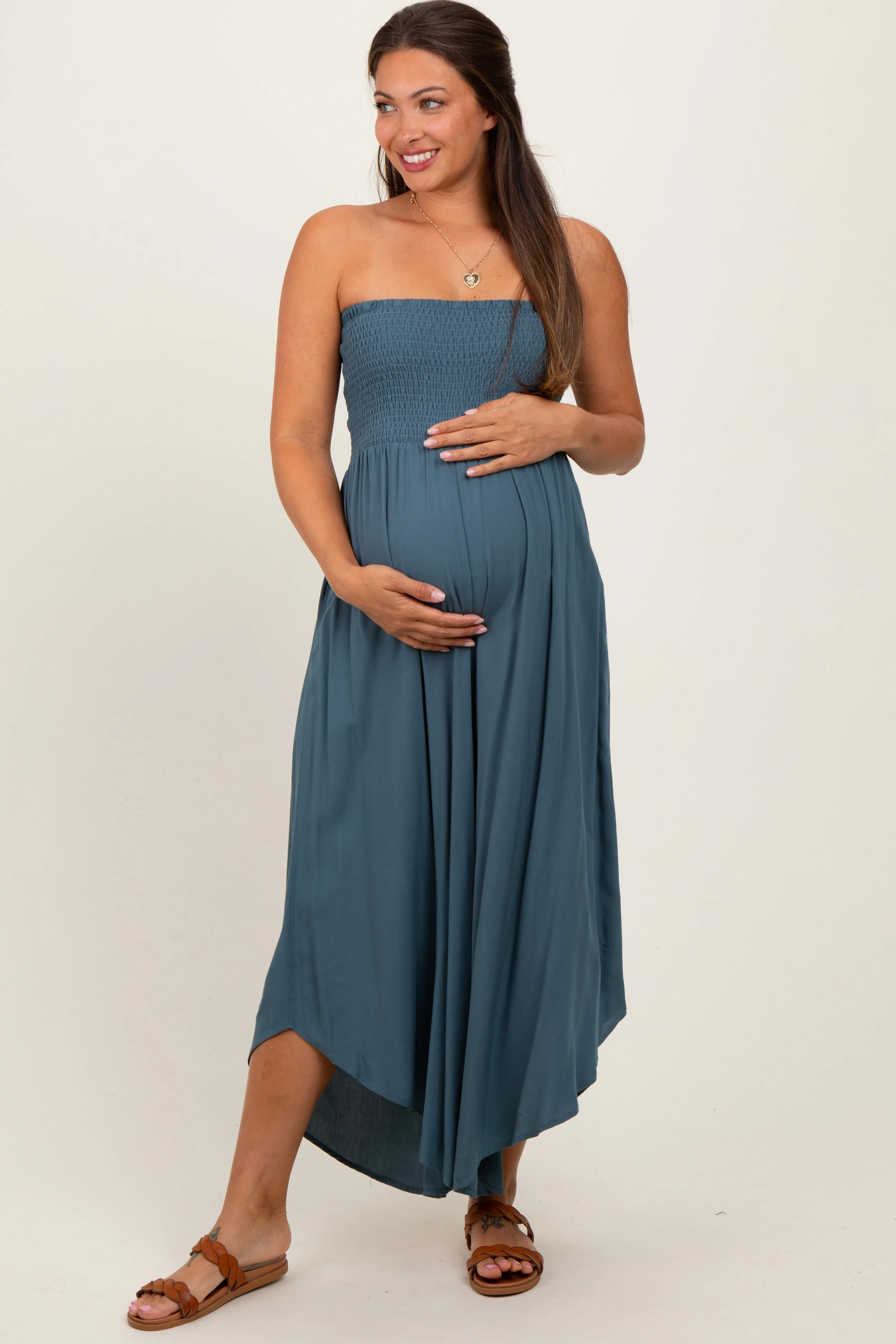 Dark Teal Strapless Smocked Tulip Leg Maternity Jumpsuit sold by Pinkblush product image thumbnail 2