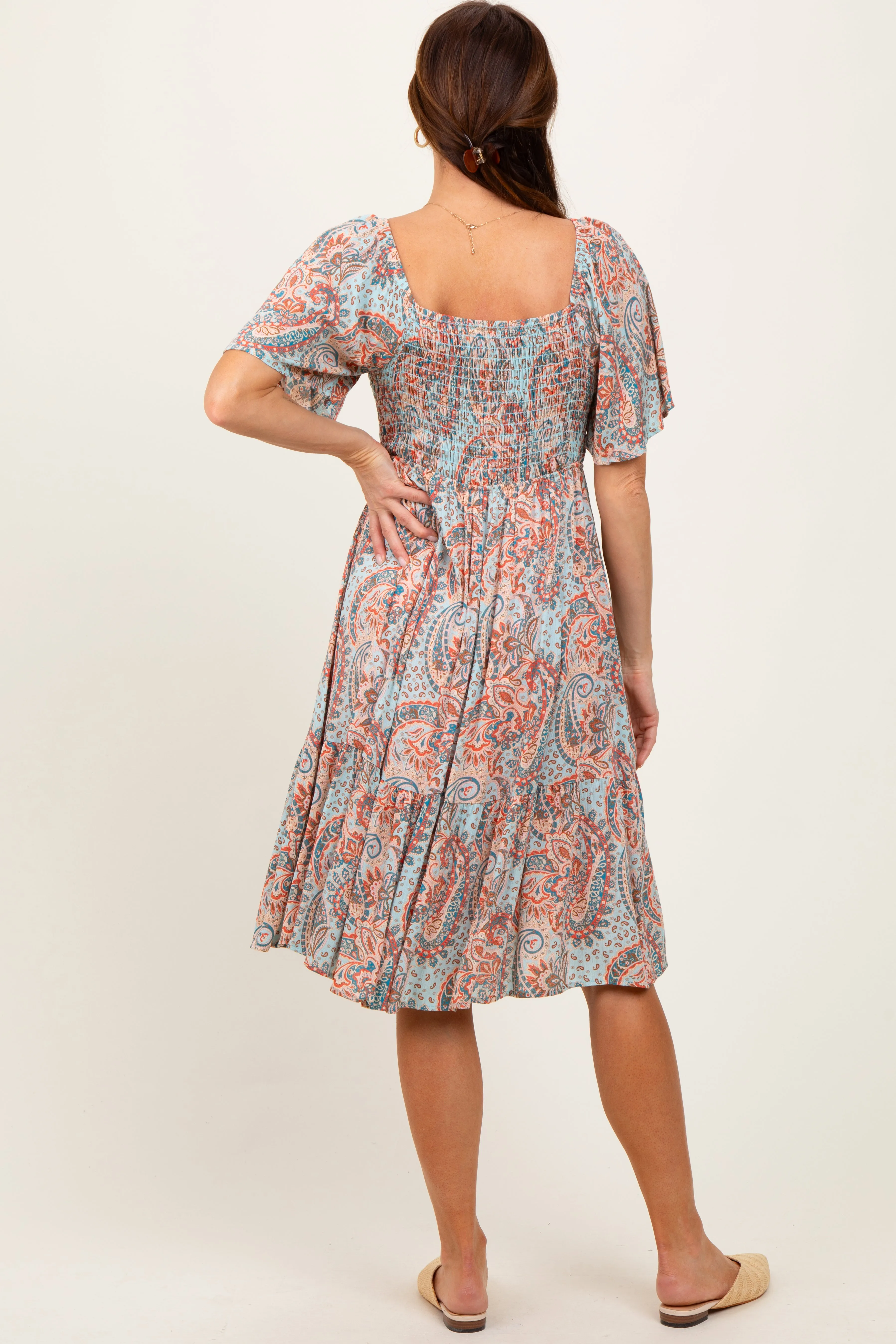 Light Blue Paisley Floral Smocked Midi Dress sold by Pinkblush product image thumbnail 4