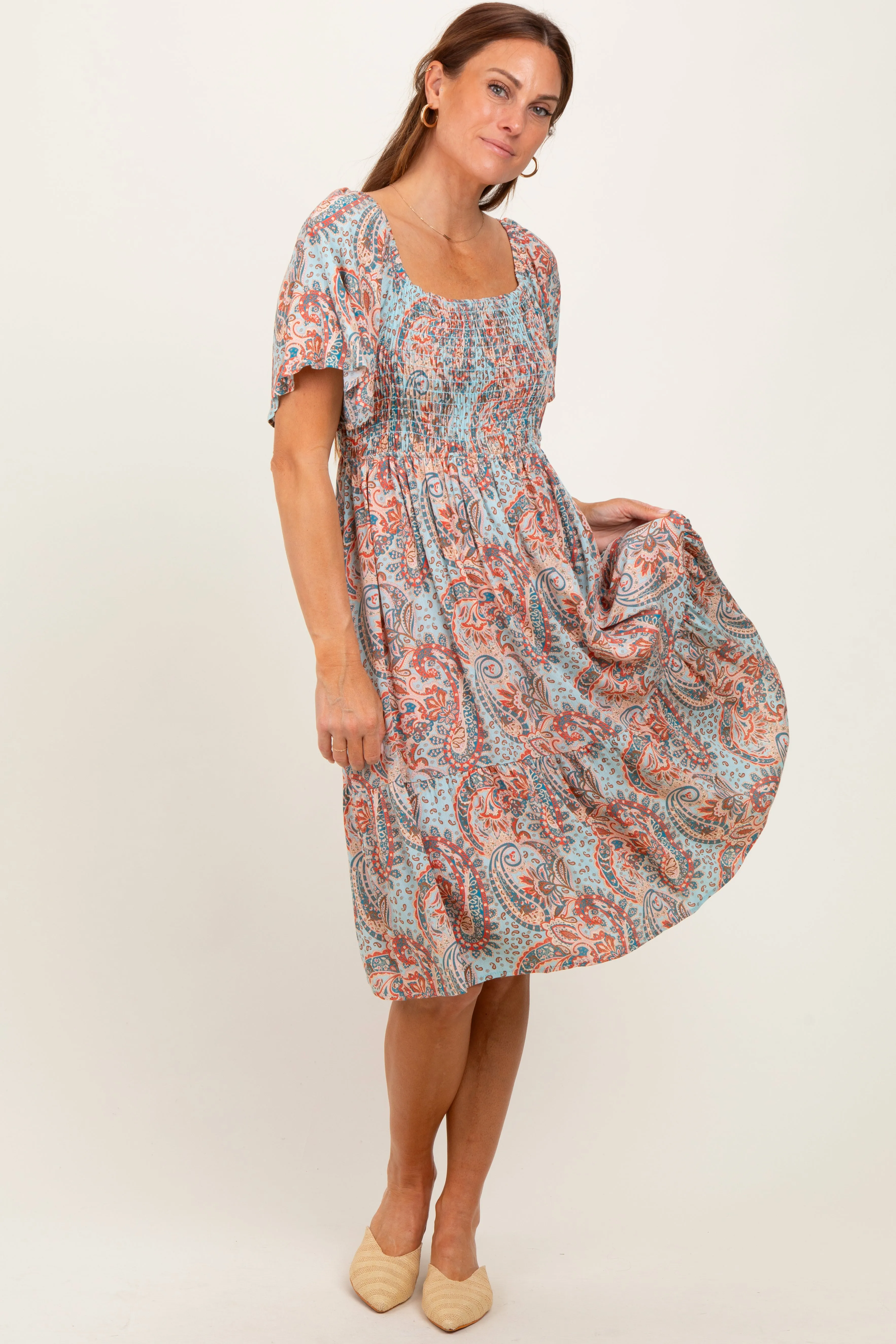 Light Blue Paisley Floral Smocked Midi Dress sold by Pinkblush product image thumbnail 2