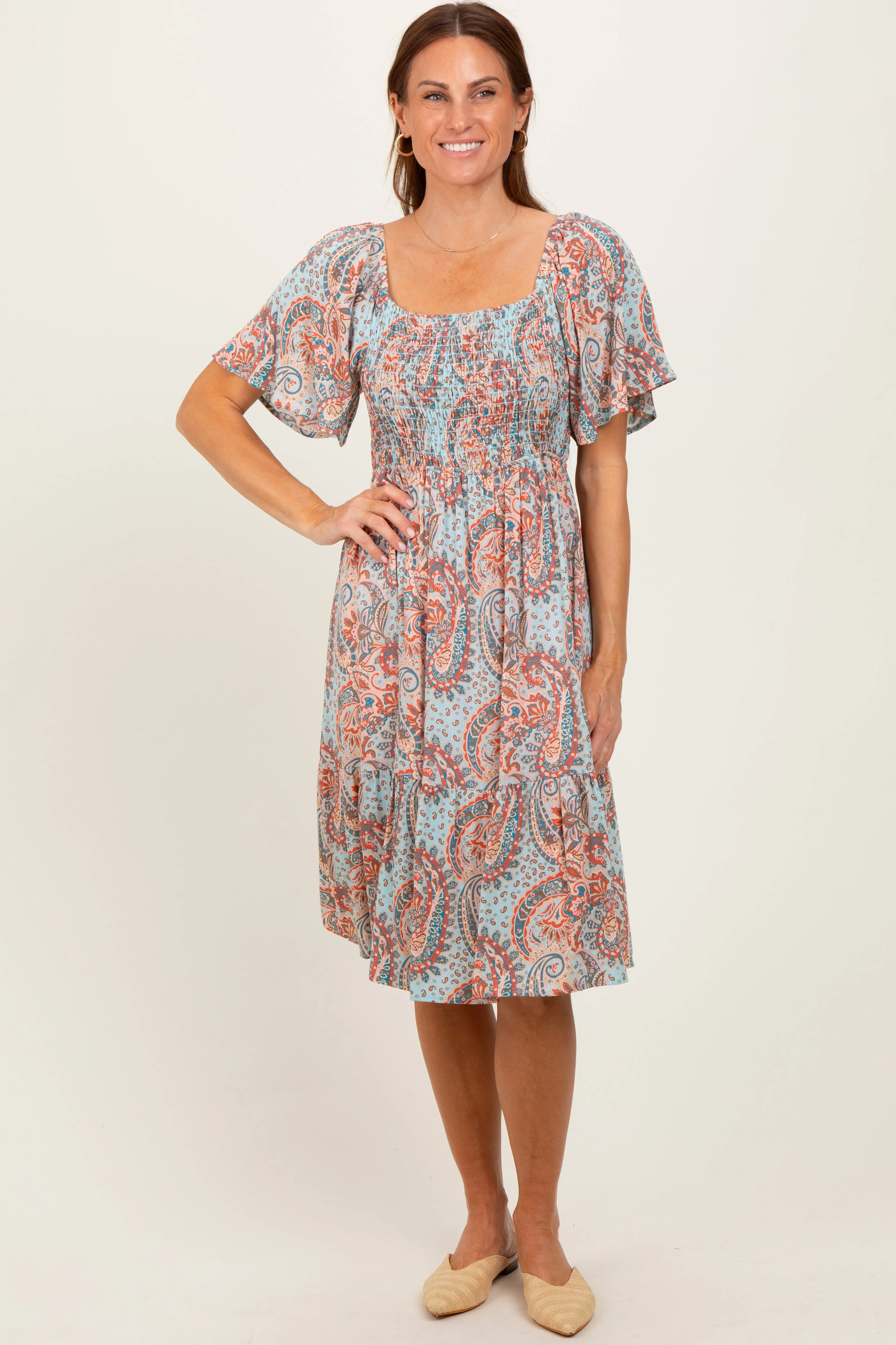 Light Blue Paisley Floral Smocked Midi Dress sold by Pinkblush