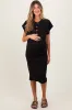 Black Solid Ribbed Short Sleeve Button Down Knit Maternity Midi Dress sold by Pinkblush