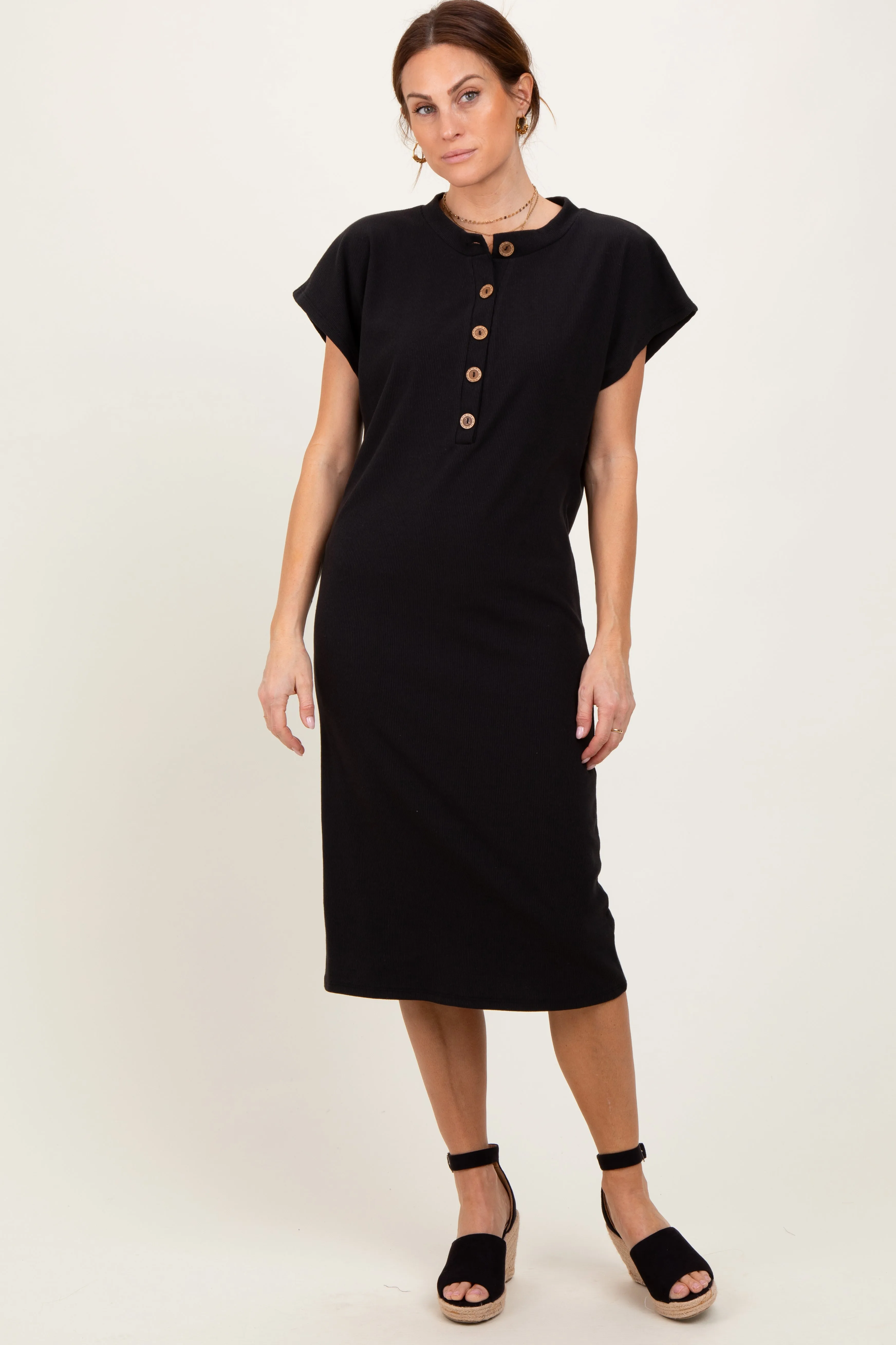 Black Solid Ribbed Short Sleeve Button Down Knit Maternity Midi Dress sold by Pinkblush product image thumbnail 4