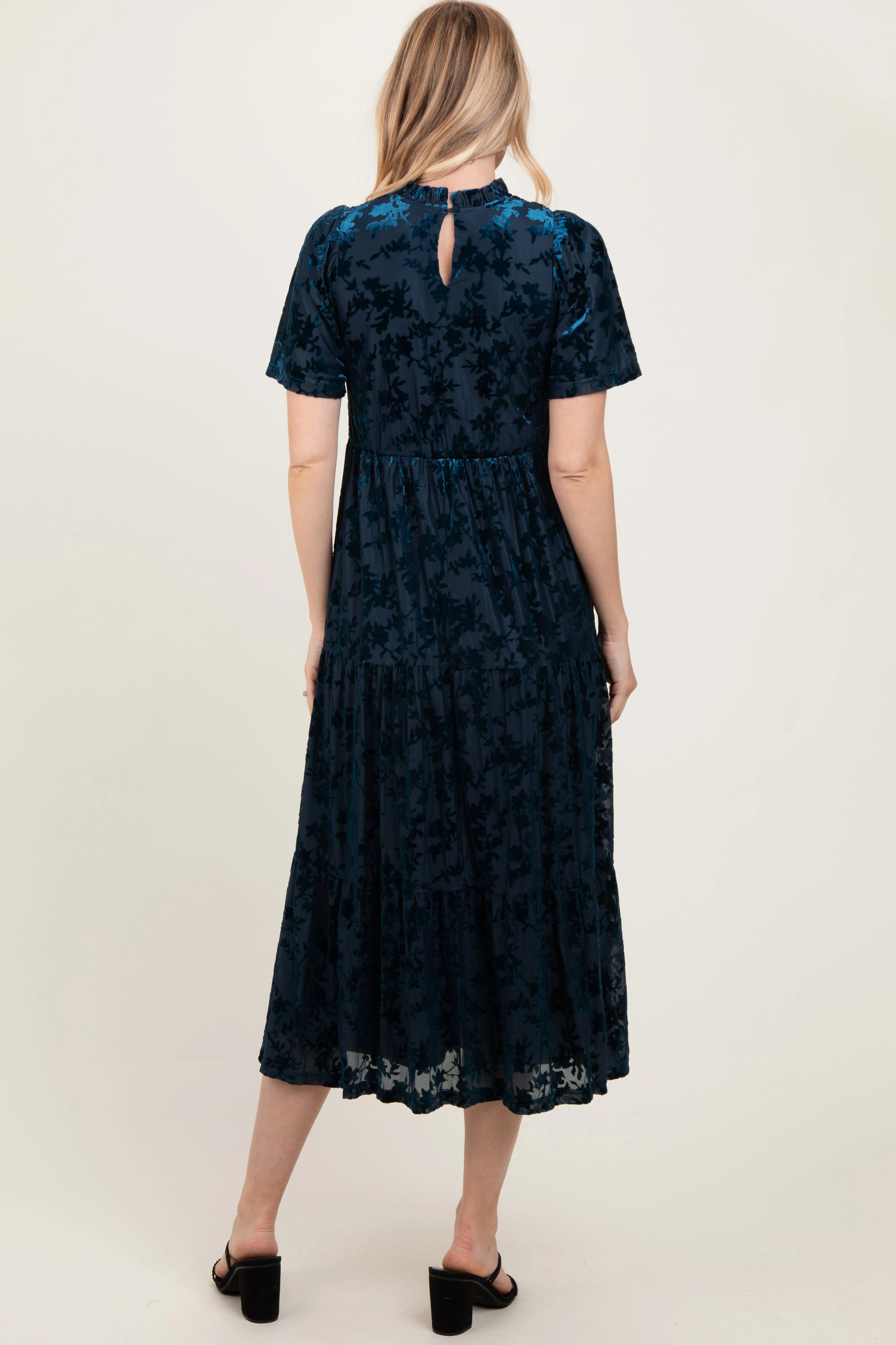 Navy Floral Velvet Print Smocked Midi Dress sold by Pinkblush product image thumbnail 4
