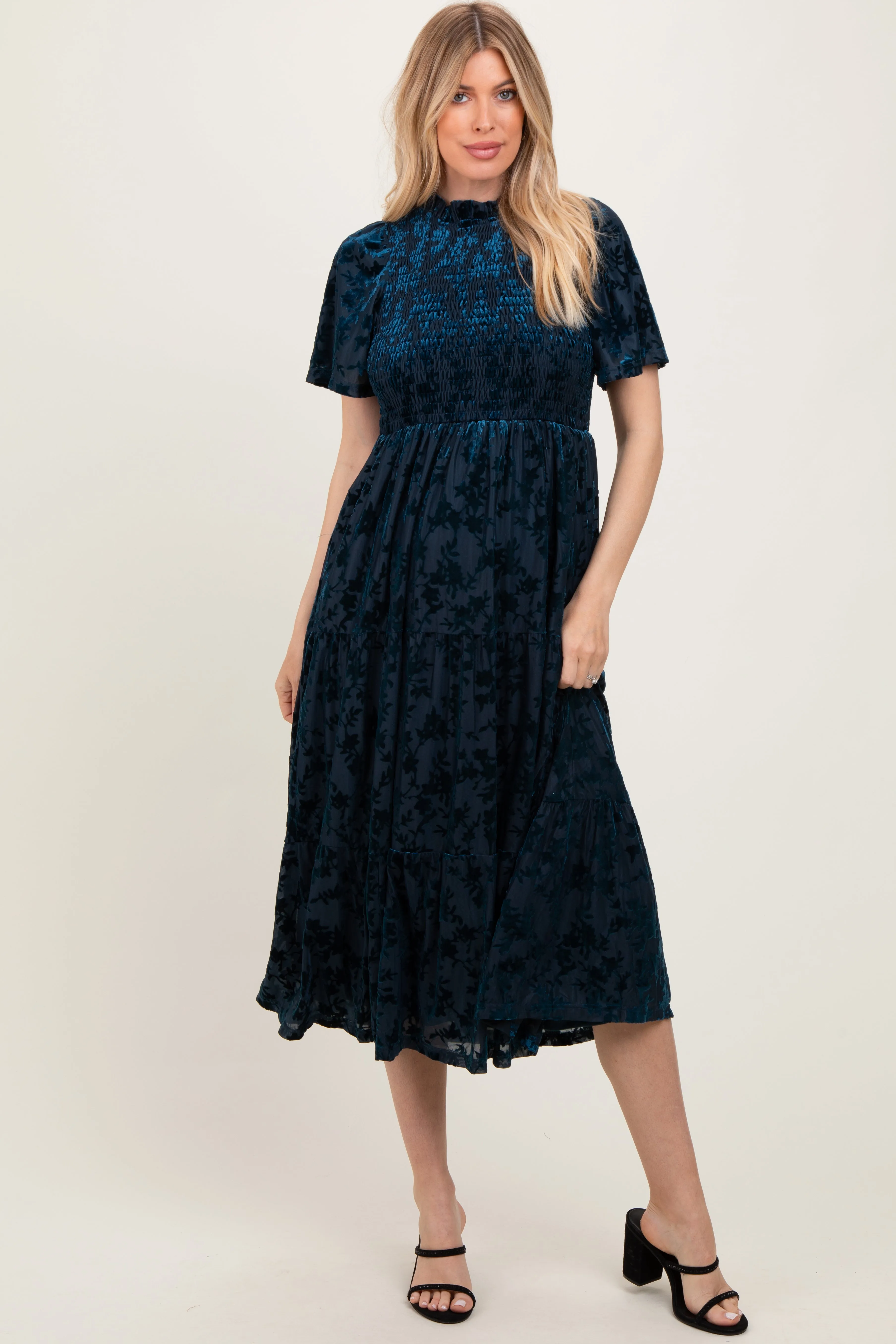 Navy Floral Velvet Print Smocked Midi Dress sold by Pinkblush
