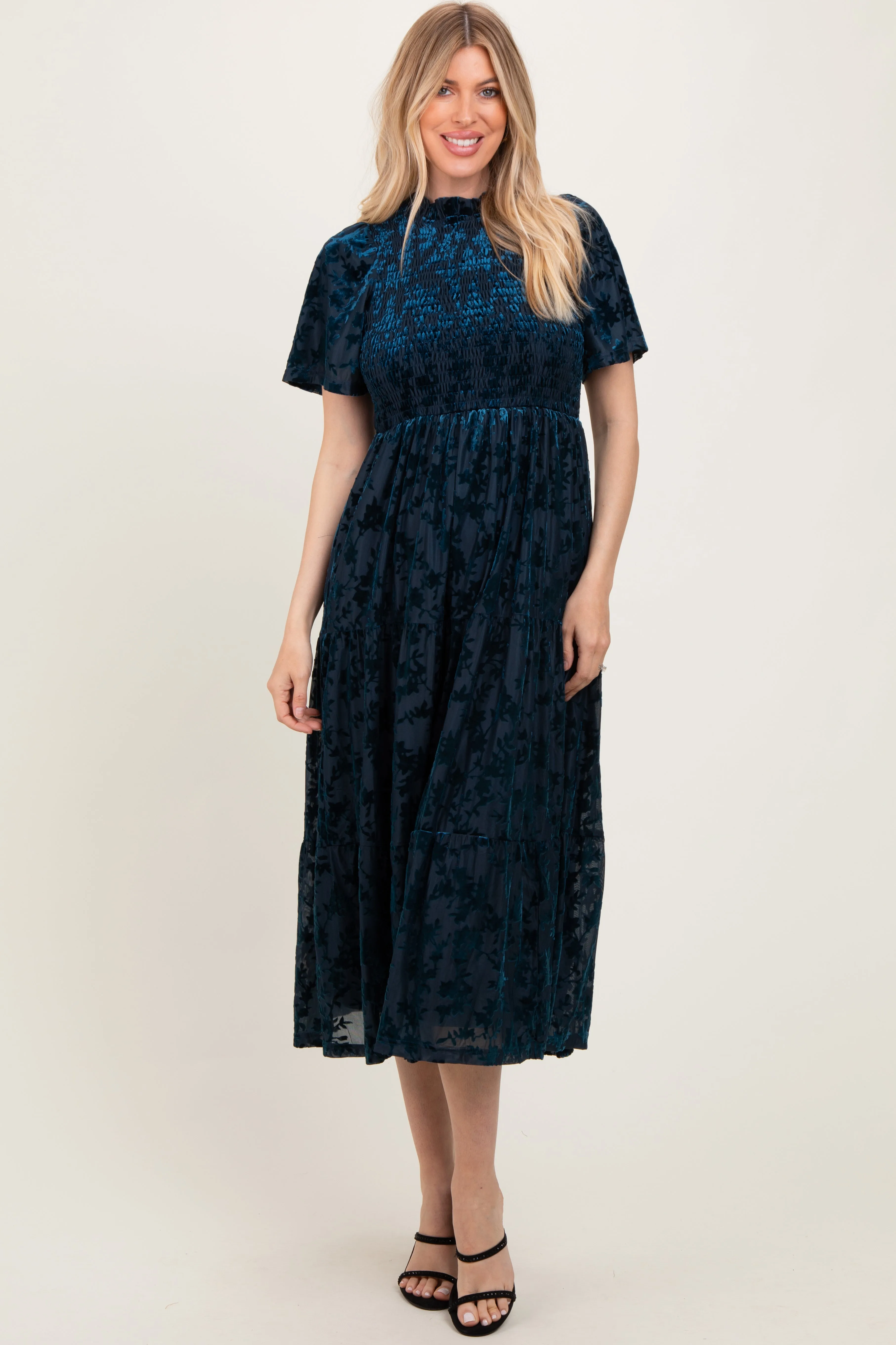 Navy Floral Velvet Print Smocked Midi Dress sold by Pinkblush product image thumbnail 2