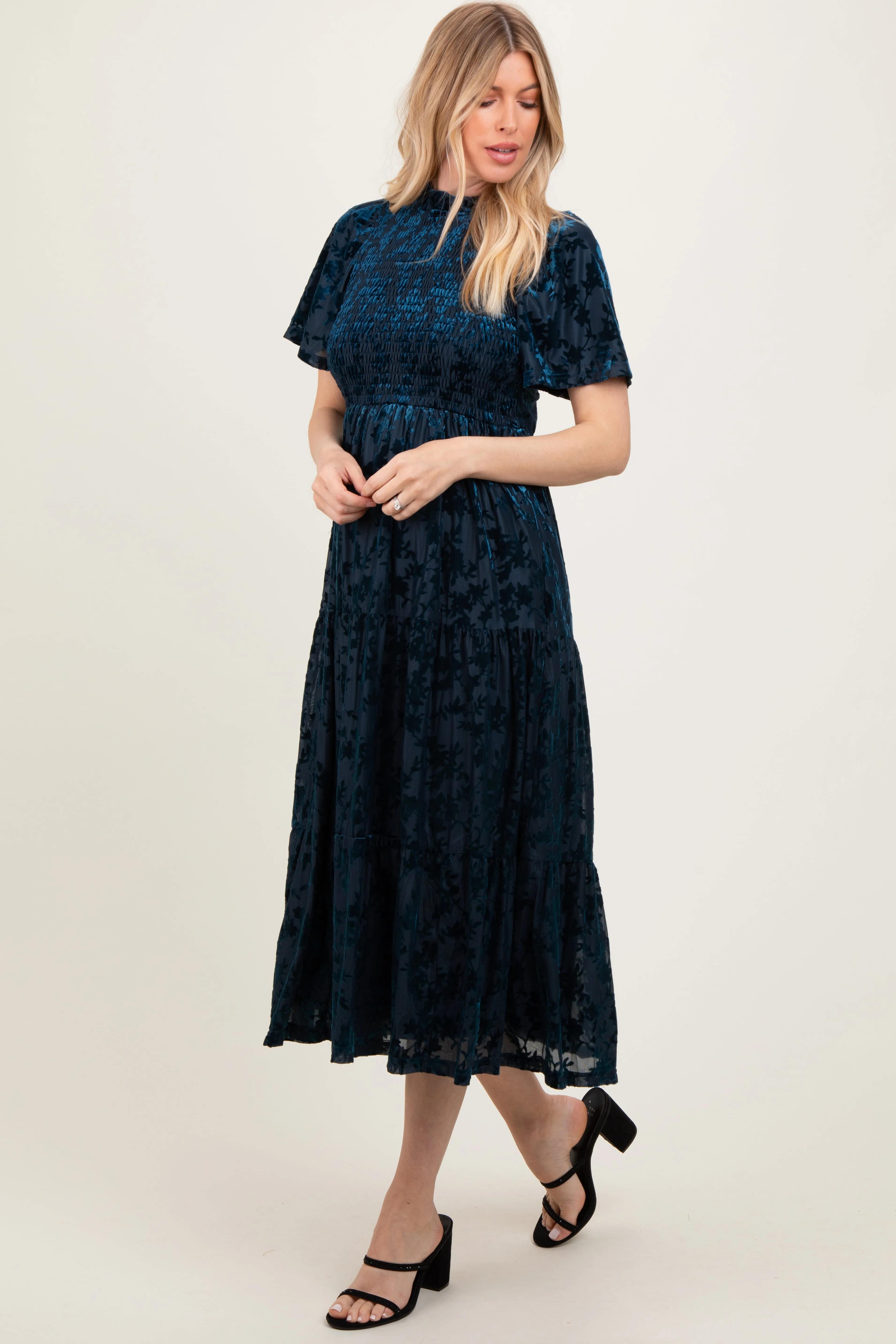 Navy Floral Velvet Print Smocked Midi Dress sold by Pinkblush product image thumbnail 3