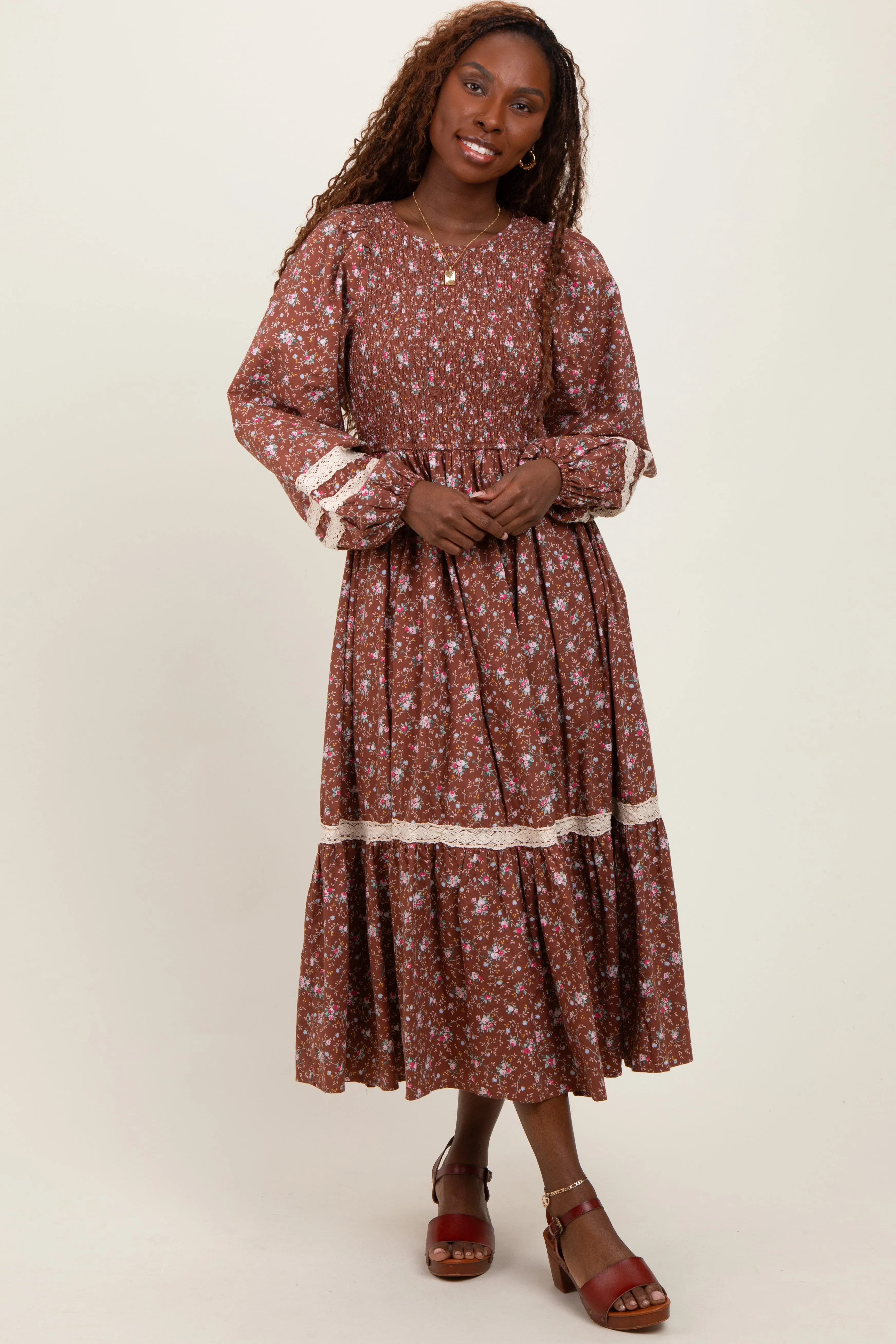 Mocha Smocked Floral Crochet Lace Trim Maxi Dress sold by Pinkblush