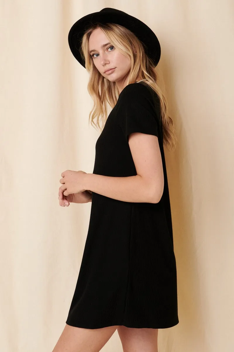 Black Ribbed Knit Basic Short Sleeve T-Shirt Dress sold by Pinkblush product image thumbnail 2