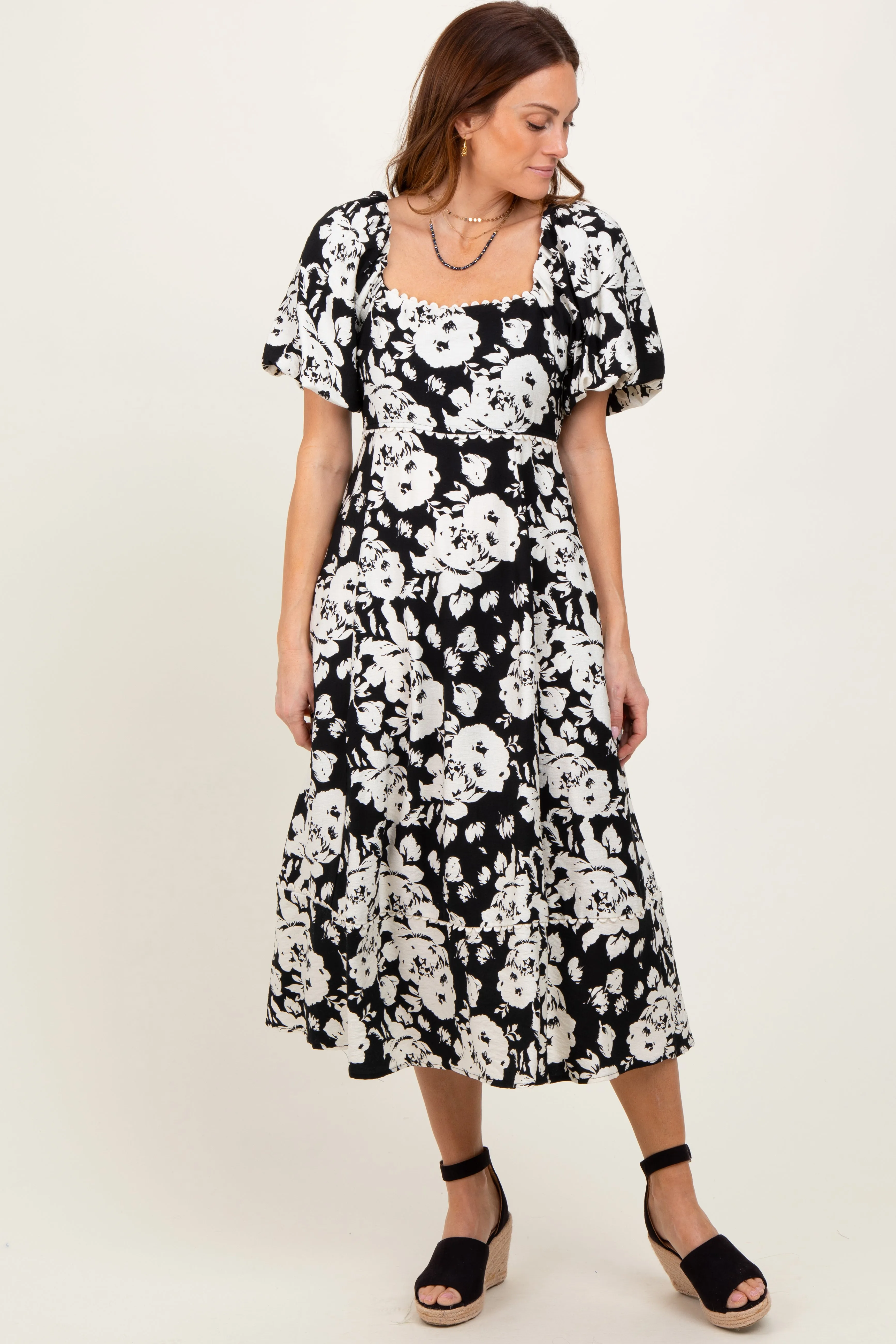 Black Floral Scallop Trim Puff Sleeve Midi Dress sold by Pinkblush product image thumbnail 2