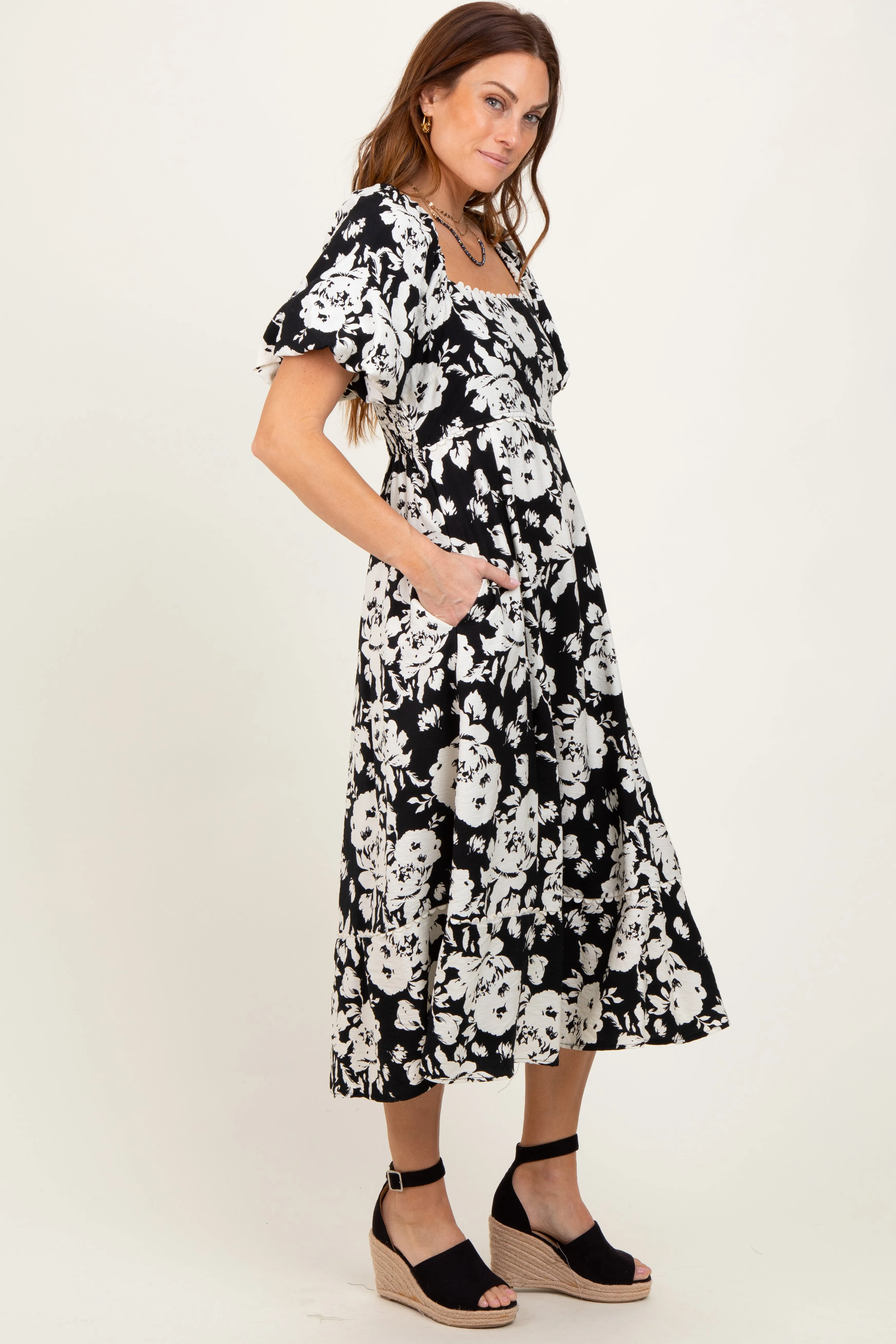 Black Floral Scallop Trim Puff Sleeve Midi Dress sold by Pinkblush product image thumbnail 3