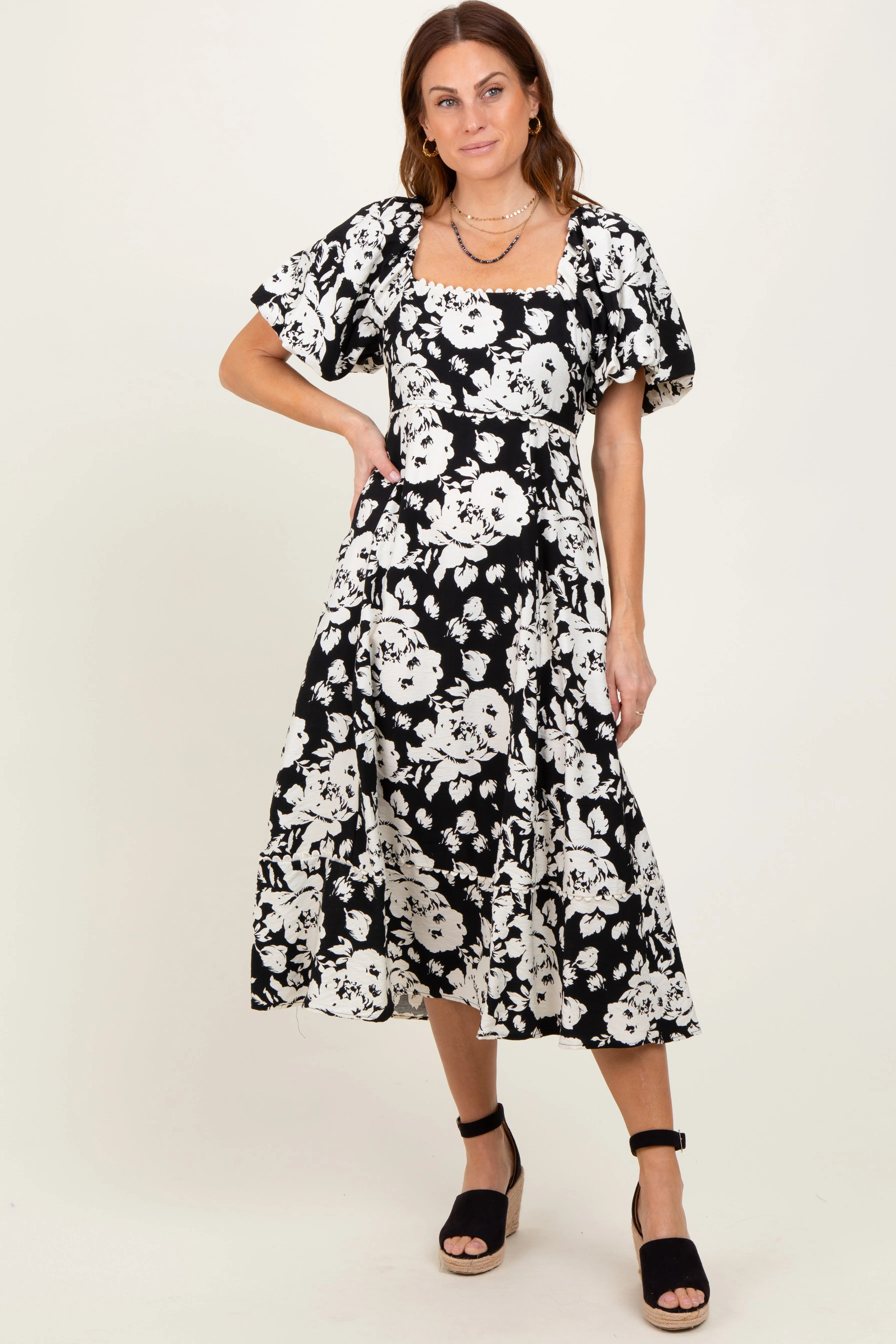 Black Floral Scallop Trim Puff Sleeve Midi Dress sold by Pinkblush