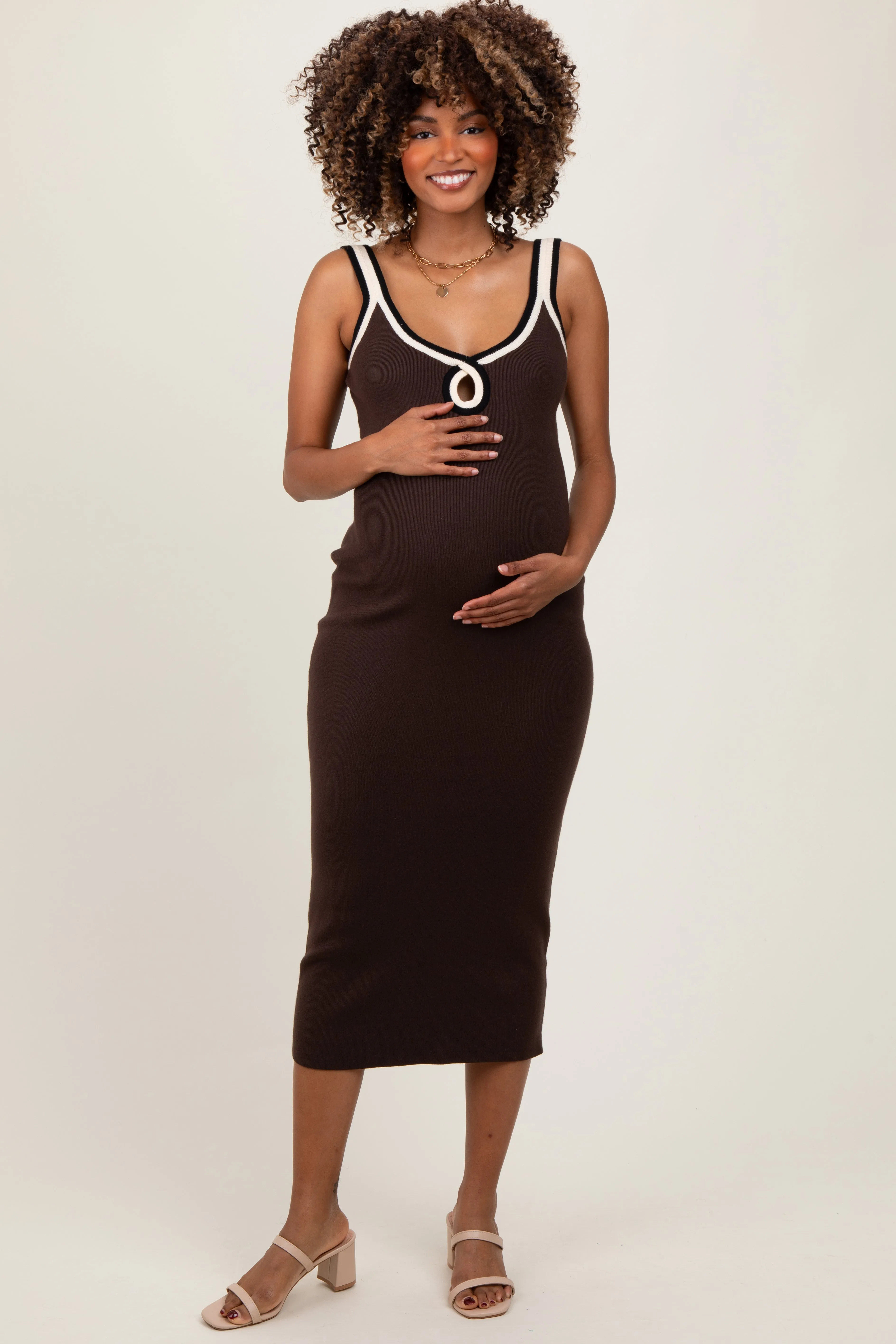 Brown Knit Key Hole Detail Low Back Maternity Midi Dress sold by Pinkblush