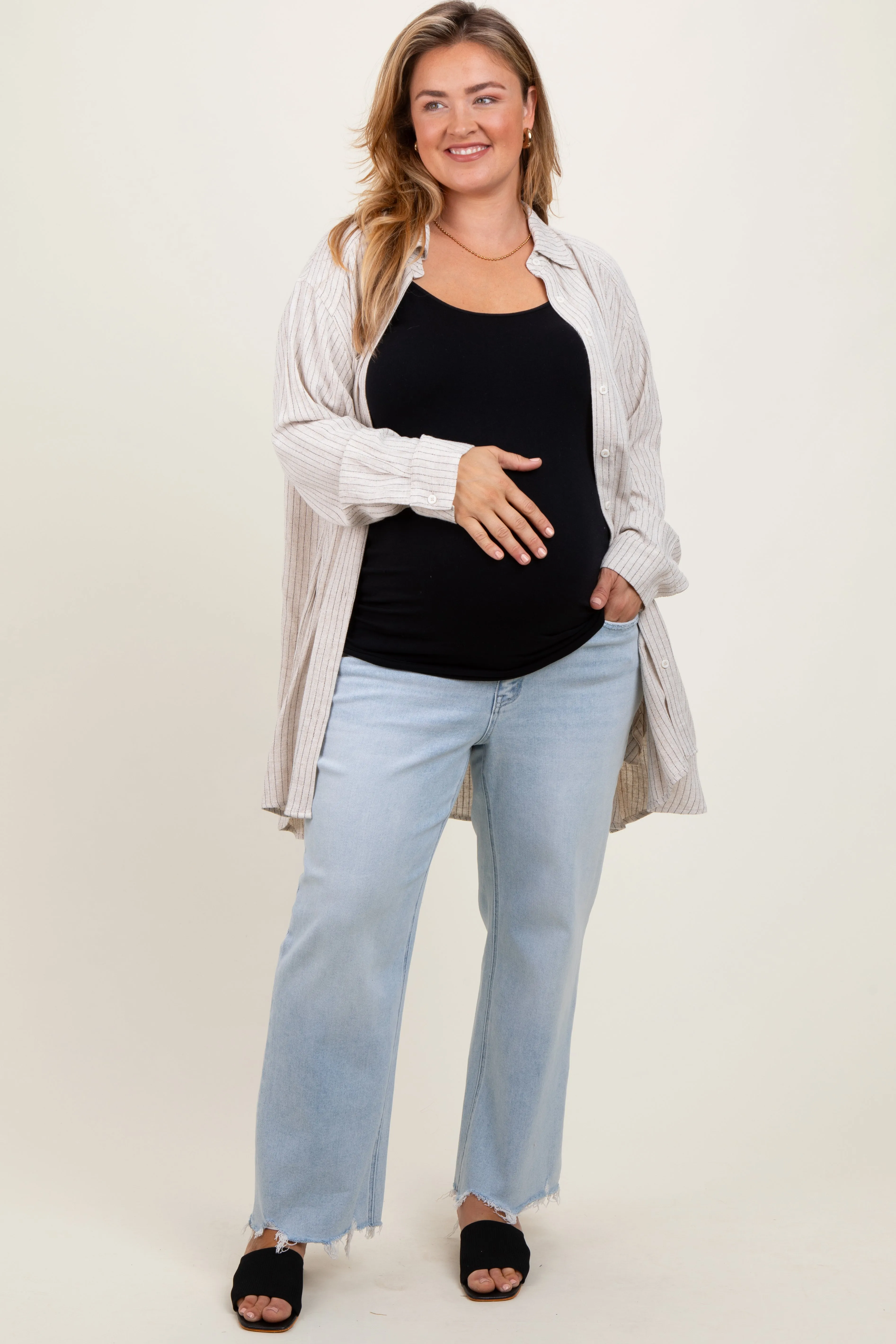 Light Blue Distressed Hem Slim Wide Leg Maternity Plus Jeans sold by Pinkblush