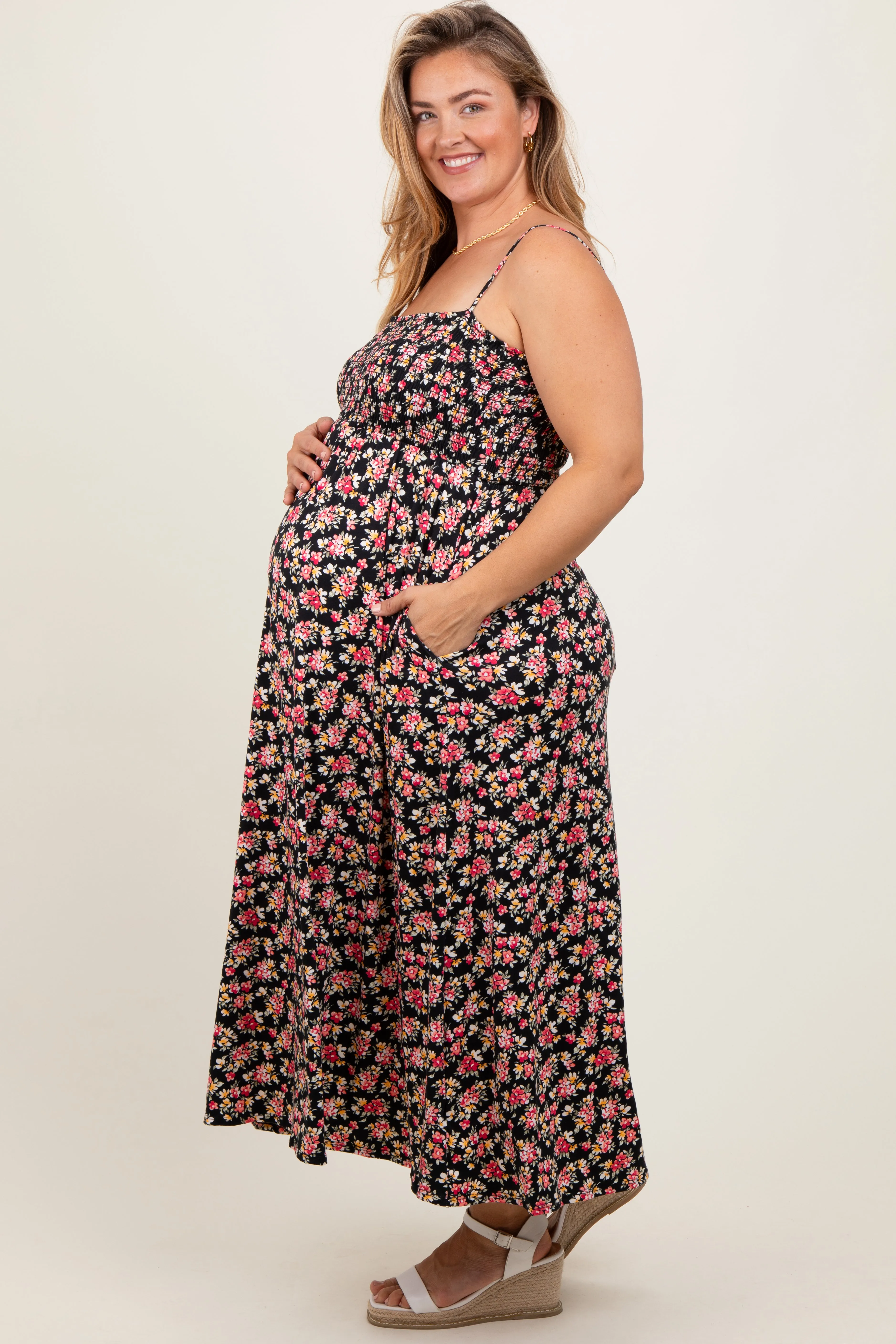 Black Square Neck Smocked Maternity Plus Midi Dress sold by Pinkblush product image thumbnail 2