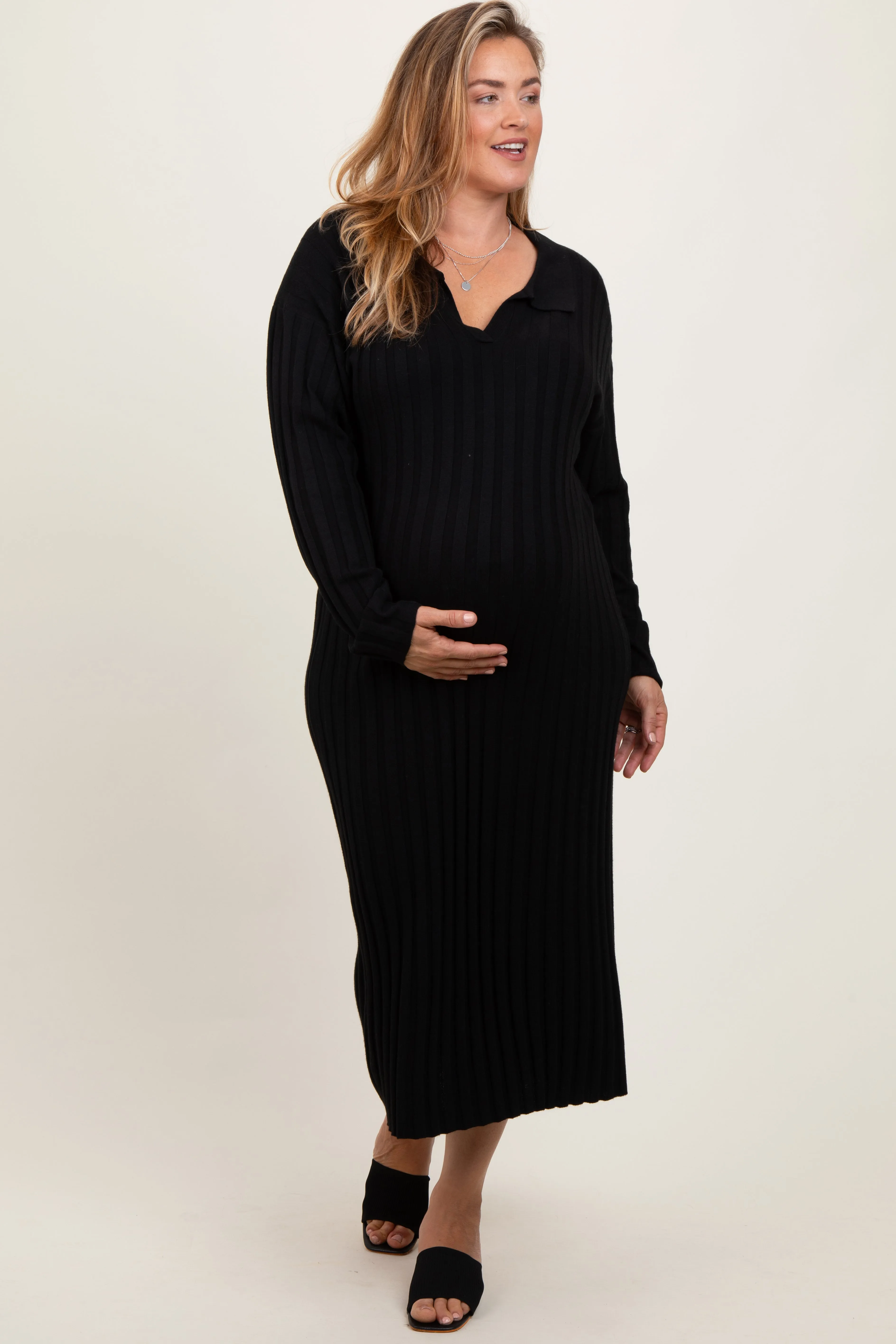 Black Ribbed Collared Maternity Plus Midi Sweater Dress sold by Pinkblush product image thumbnail 2