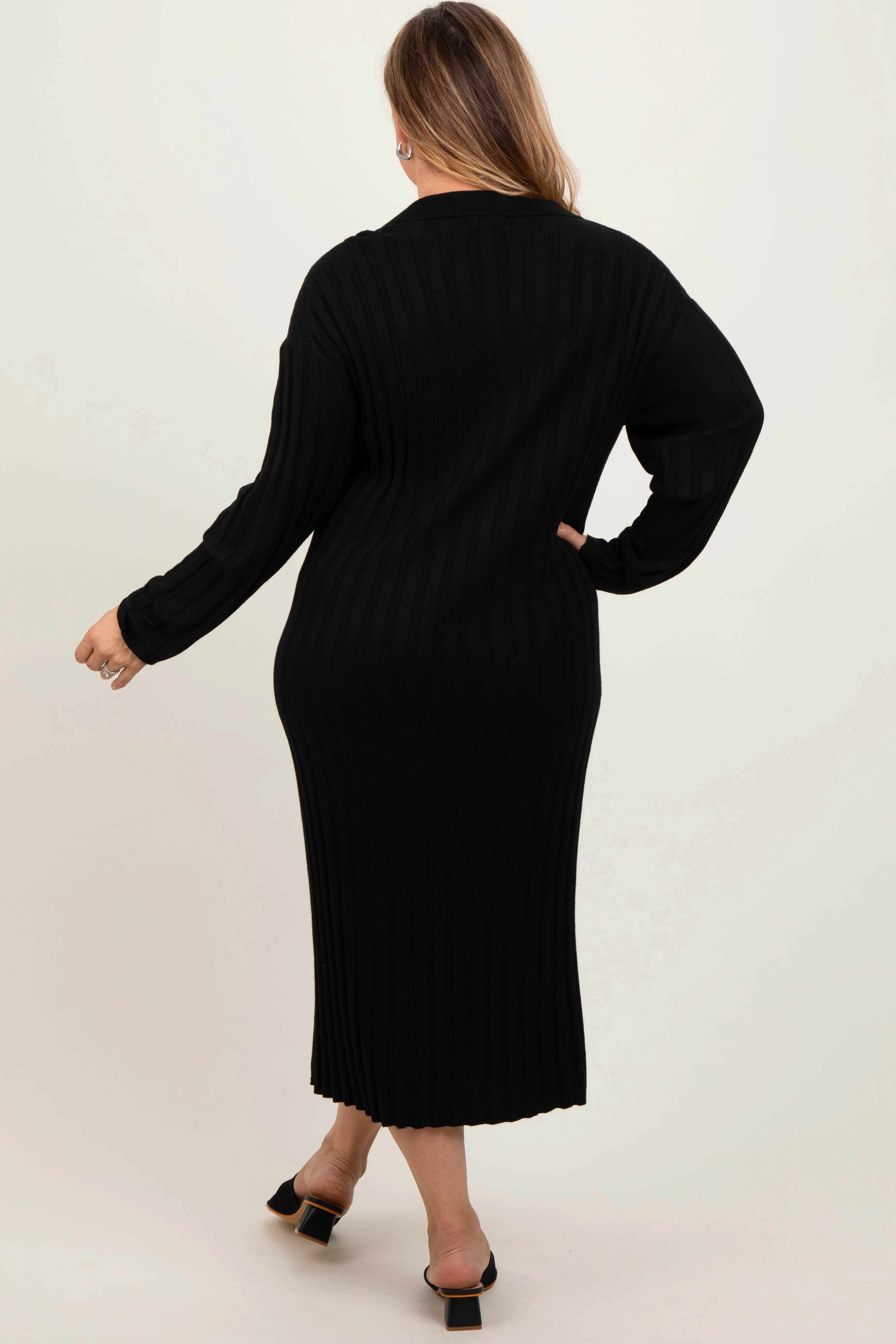 Black Ribbed Collared Maternity Plus Midi Sweater Dress sold by Pinkblush product image thumbnail 3