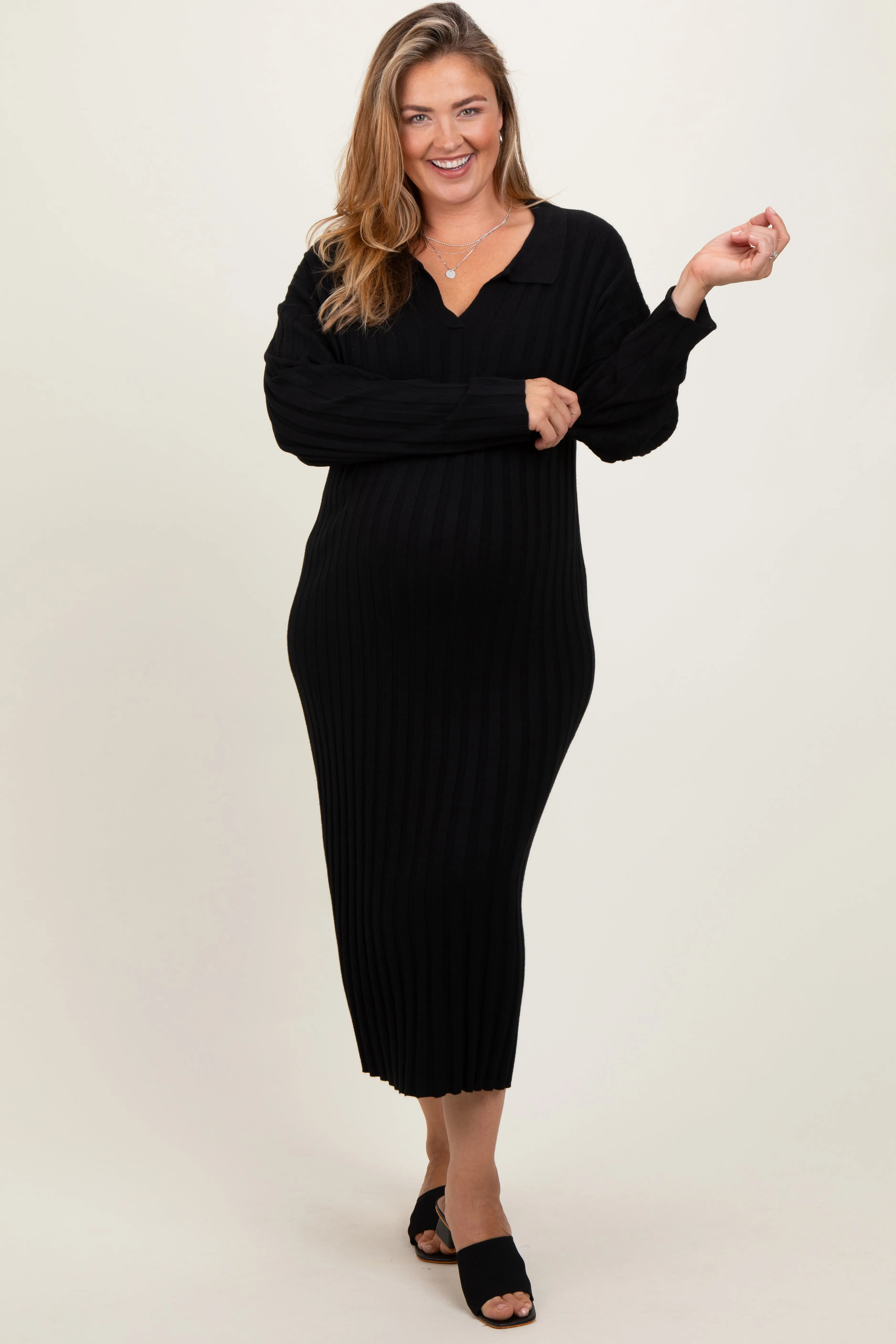 Black Ribbed Collared Maternity Plus Midi Sweater Dress sold by Pinkblush