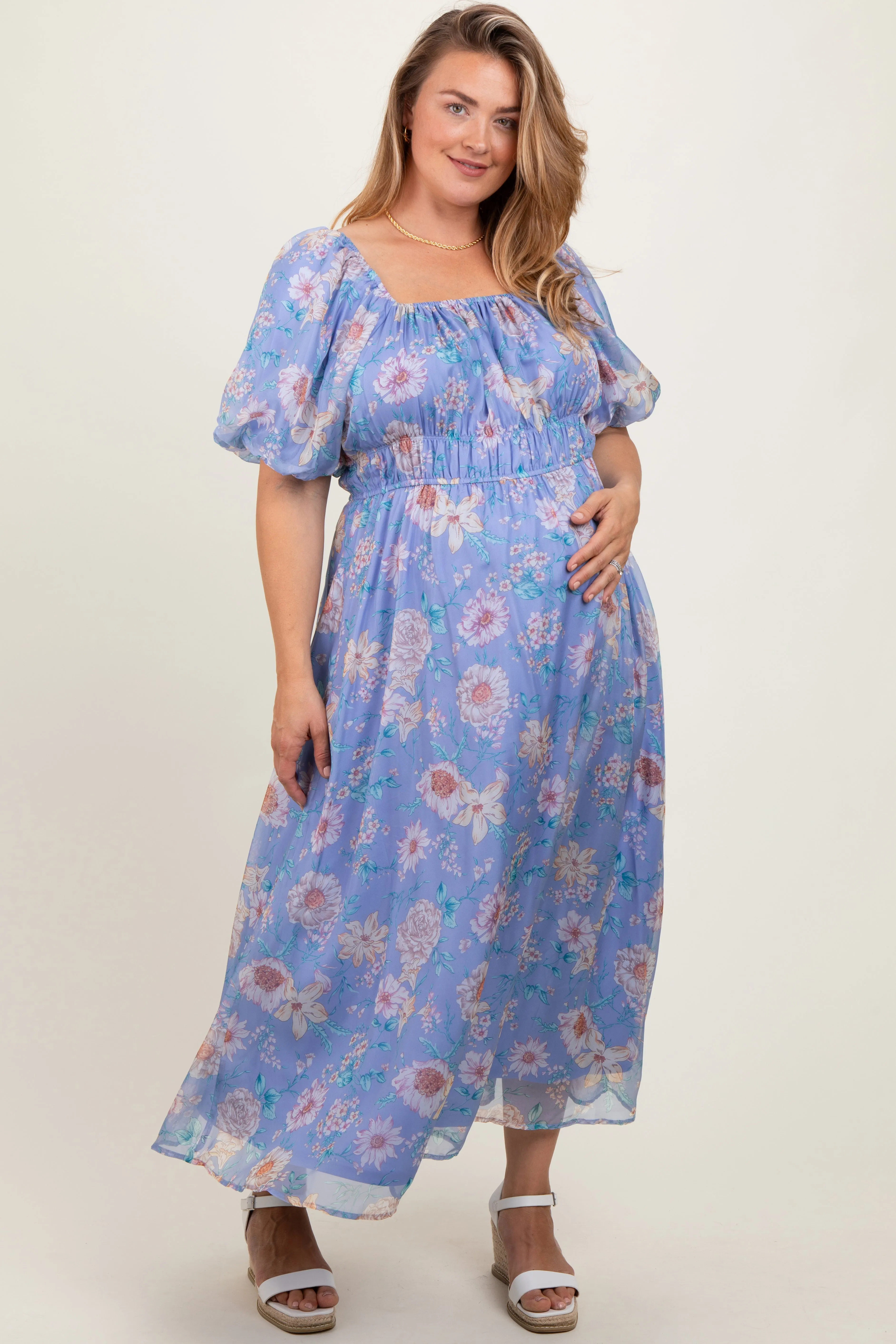 Blue Floral Chiffon Puff Sleeve Maternity Plus Midi Dress sold by Pinkblush product image thumbnail 2