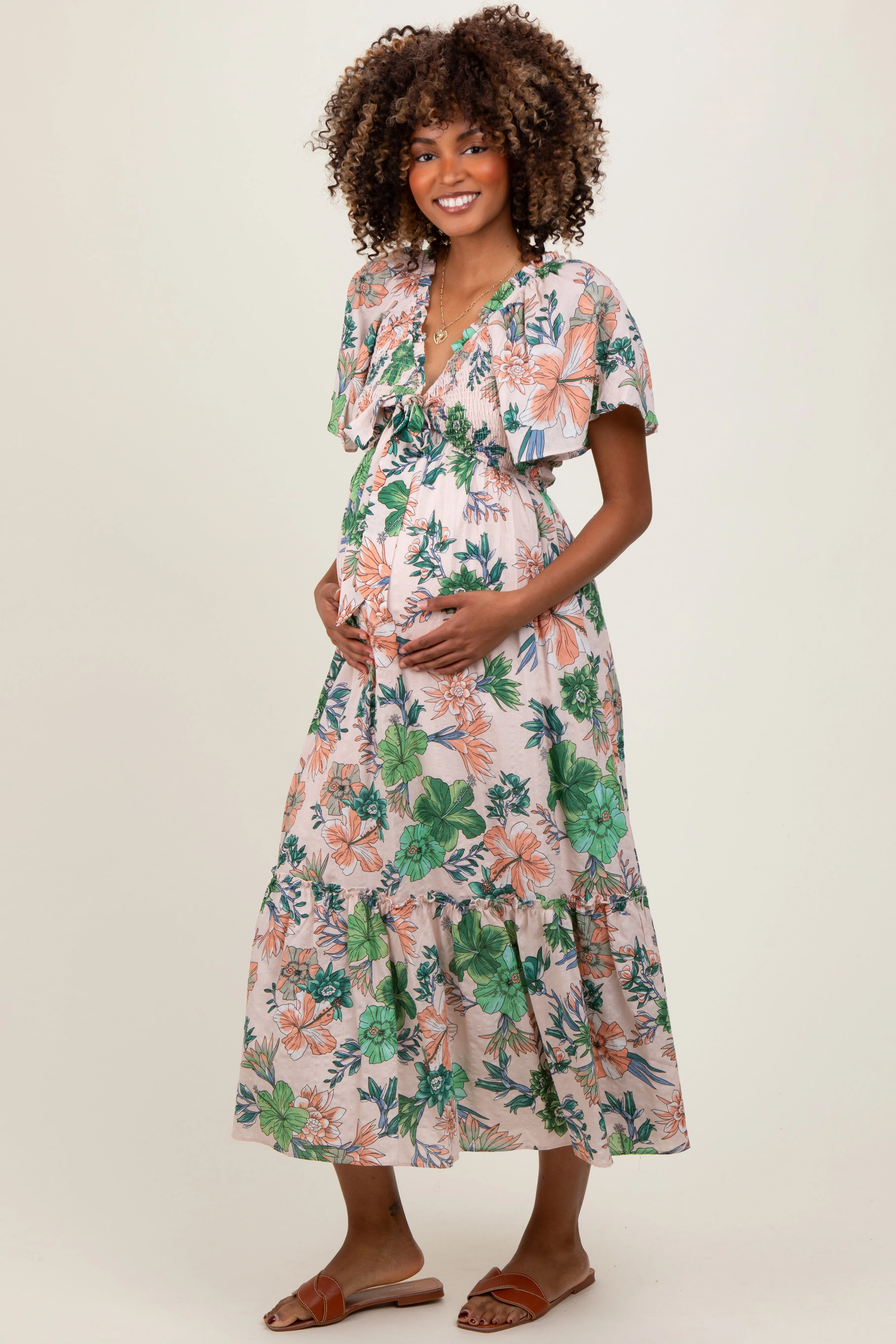 Light Pink Floral Print Woven Maternity Midi Dress sold by Pinkblush product image thumbnail 3