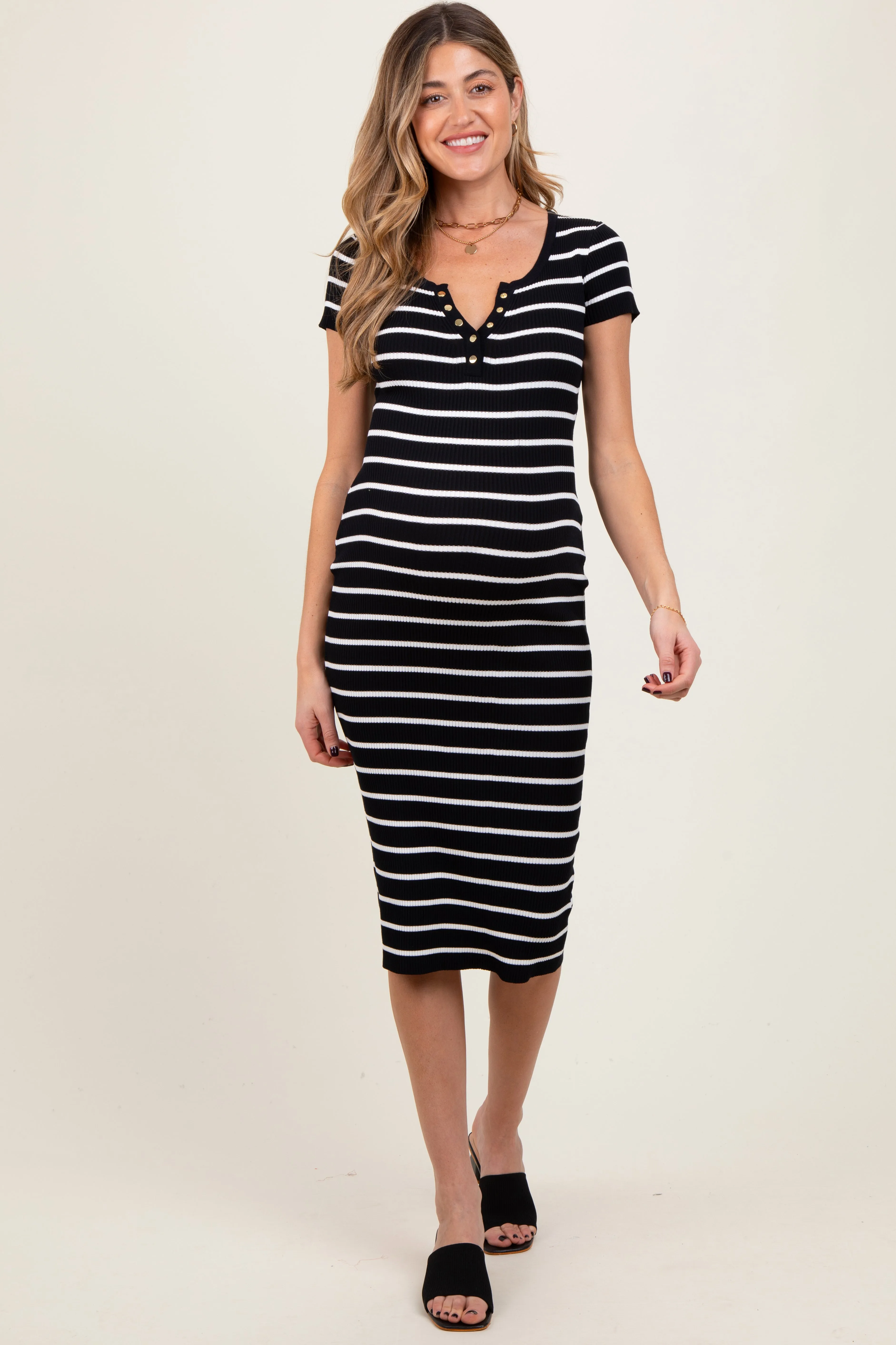 Black Striped Ribbed Henley Fitted Maternity Midi Dress sold by Pinkblush product image thumbnail 2