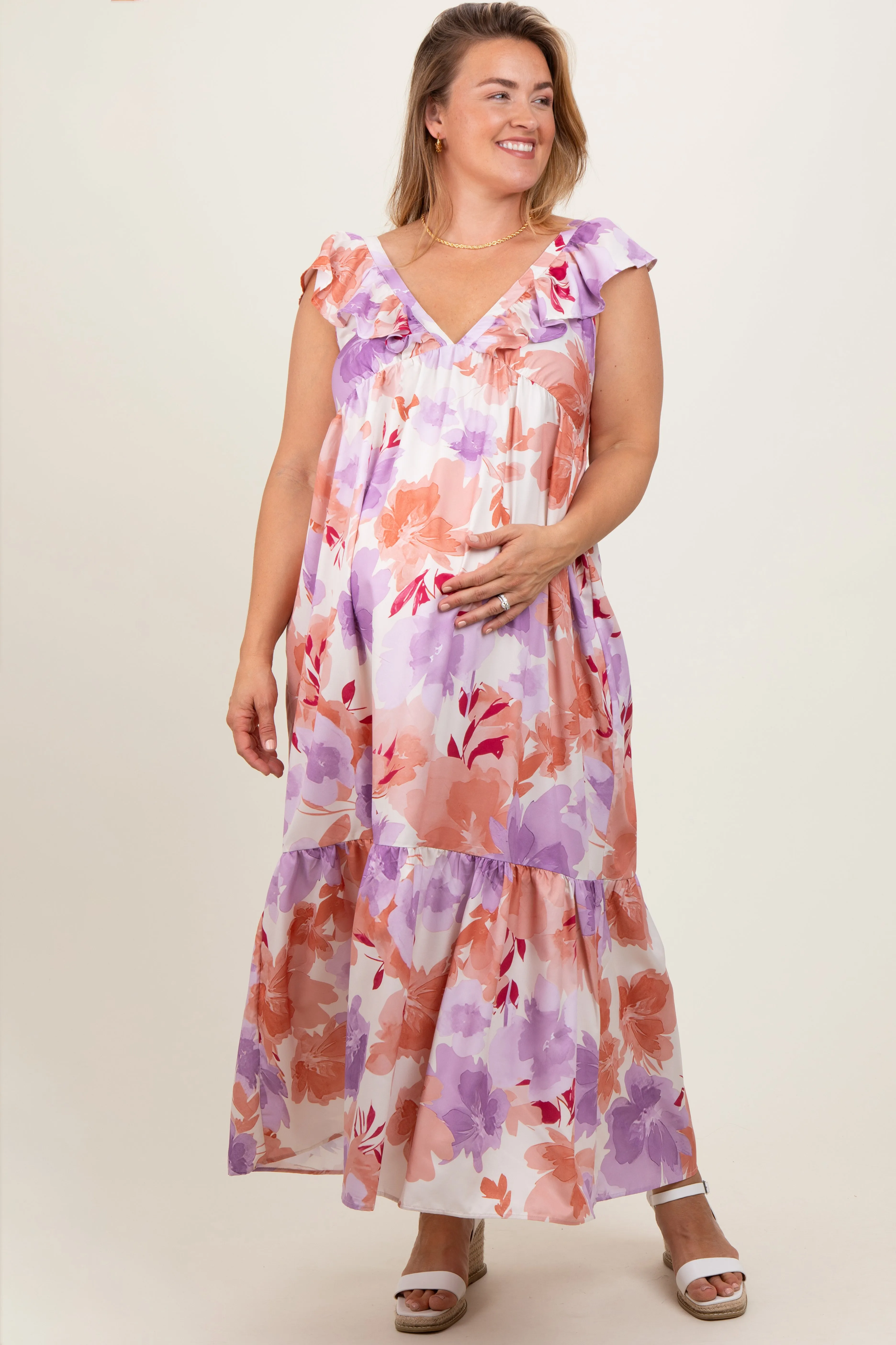 Mauve Floral Ruffle Accent V-Neck Maternity Plus Maxi Dress sold by Pinkblush