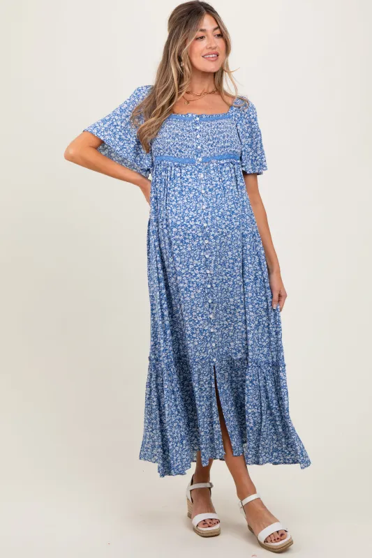 Navy Floral Button Front Maternity Midi Dress sold by Pinkblush