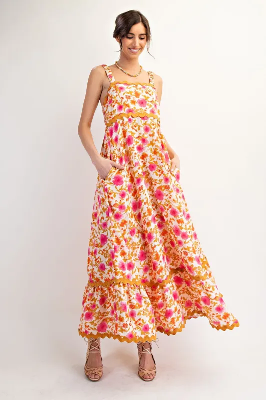Peach Floral Contrast Wavy Trim Maxi Dress sold by Pinkblush